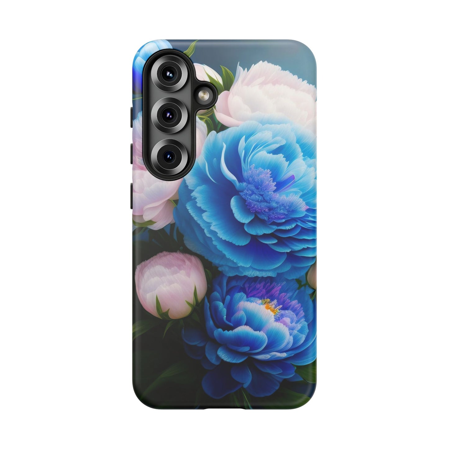 Floral Blue Peony Phone Case — Protective Tough Case with Pink & Blue Blooms