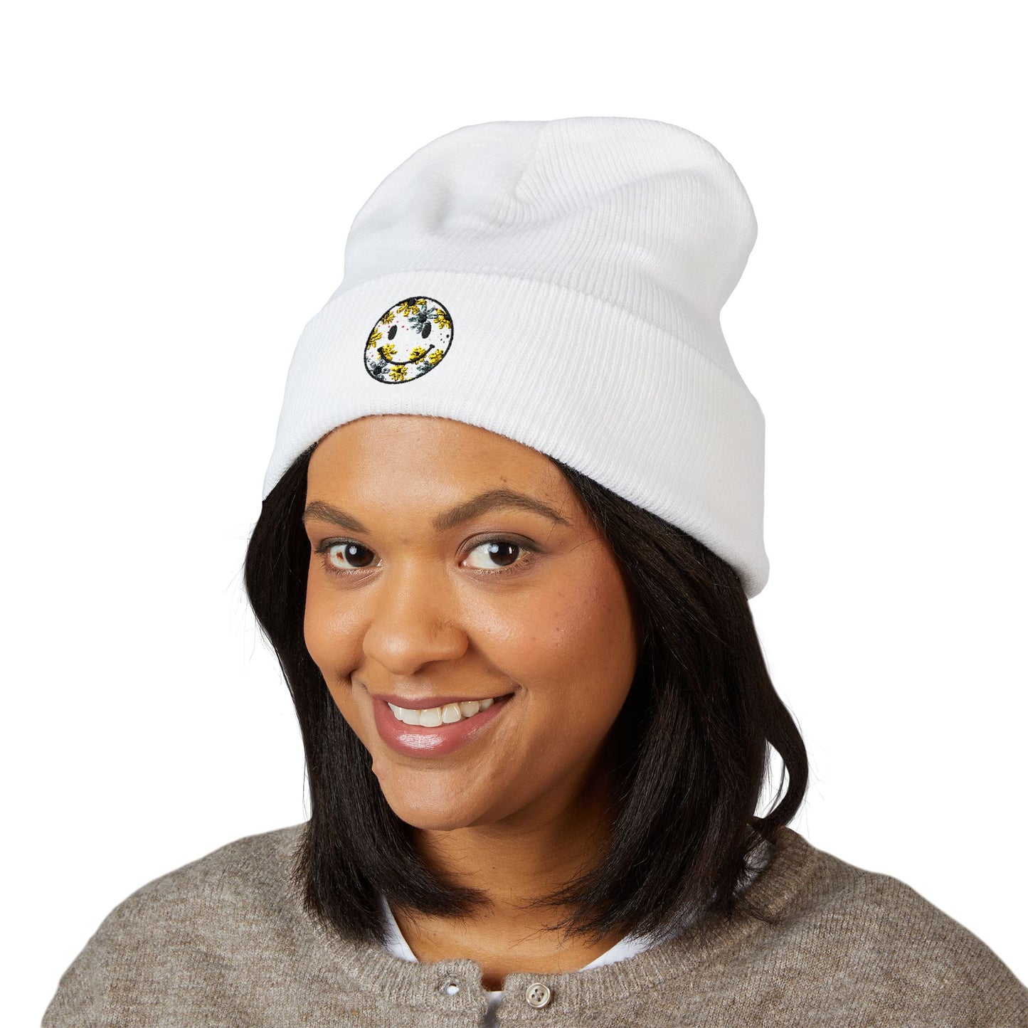 Smiley Daisy Embroidered Beanie — Cute Floral Smile Patch Cuffed Hat