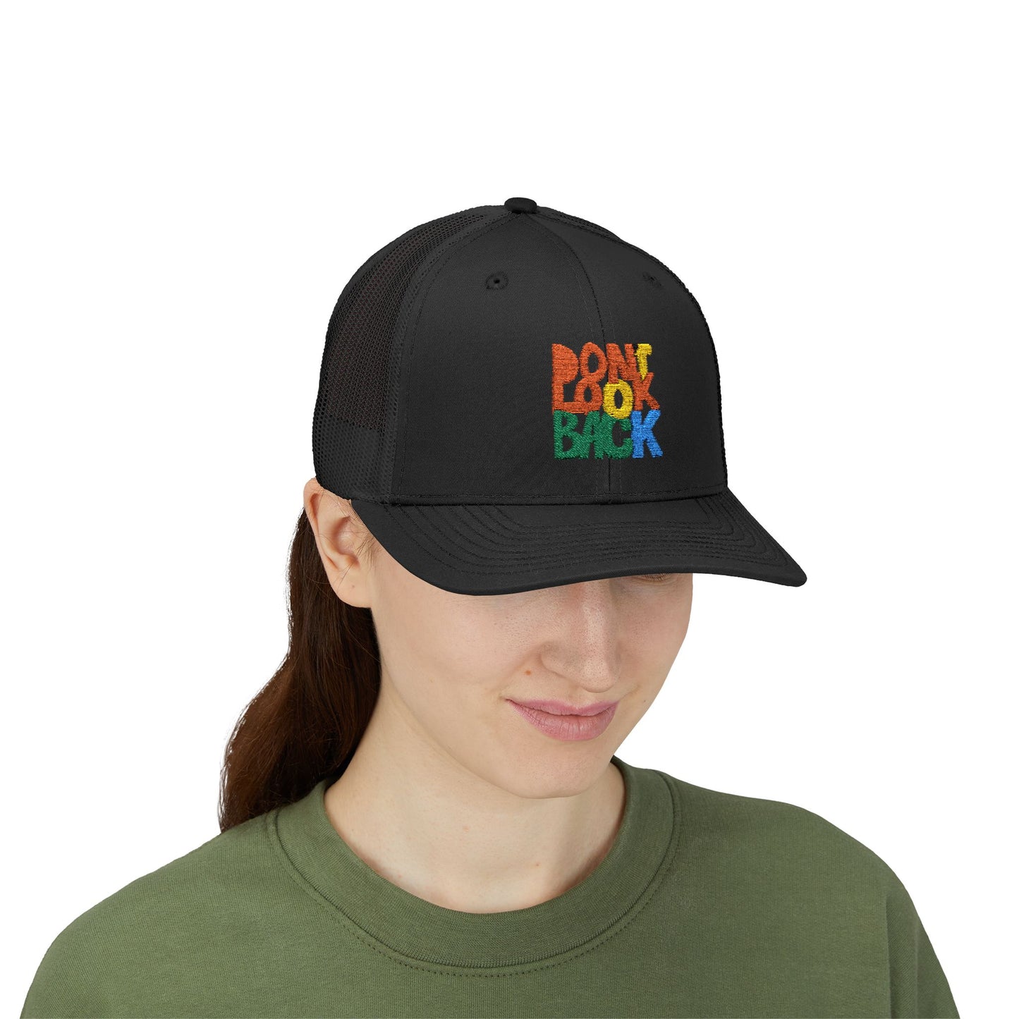 Don’t Look Back Snapback Trucker Cap — Retro Rainbow Embroidered Hat