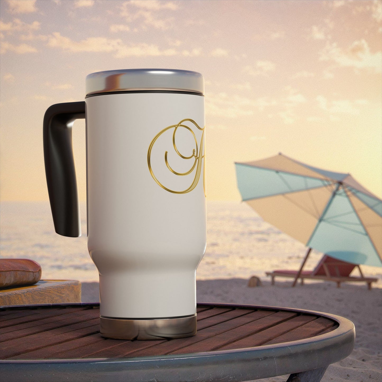 Monogram H Gold Travel Mug — 14oz Stainless Steel Tumbler with Handle