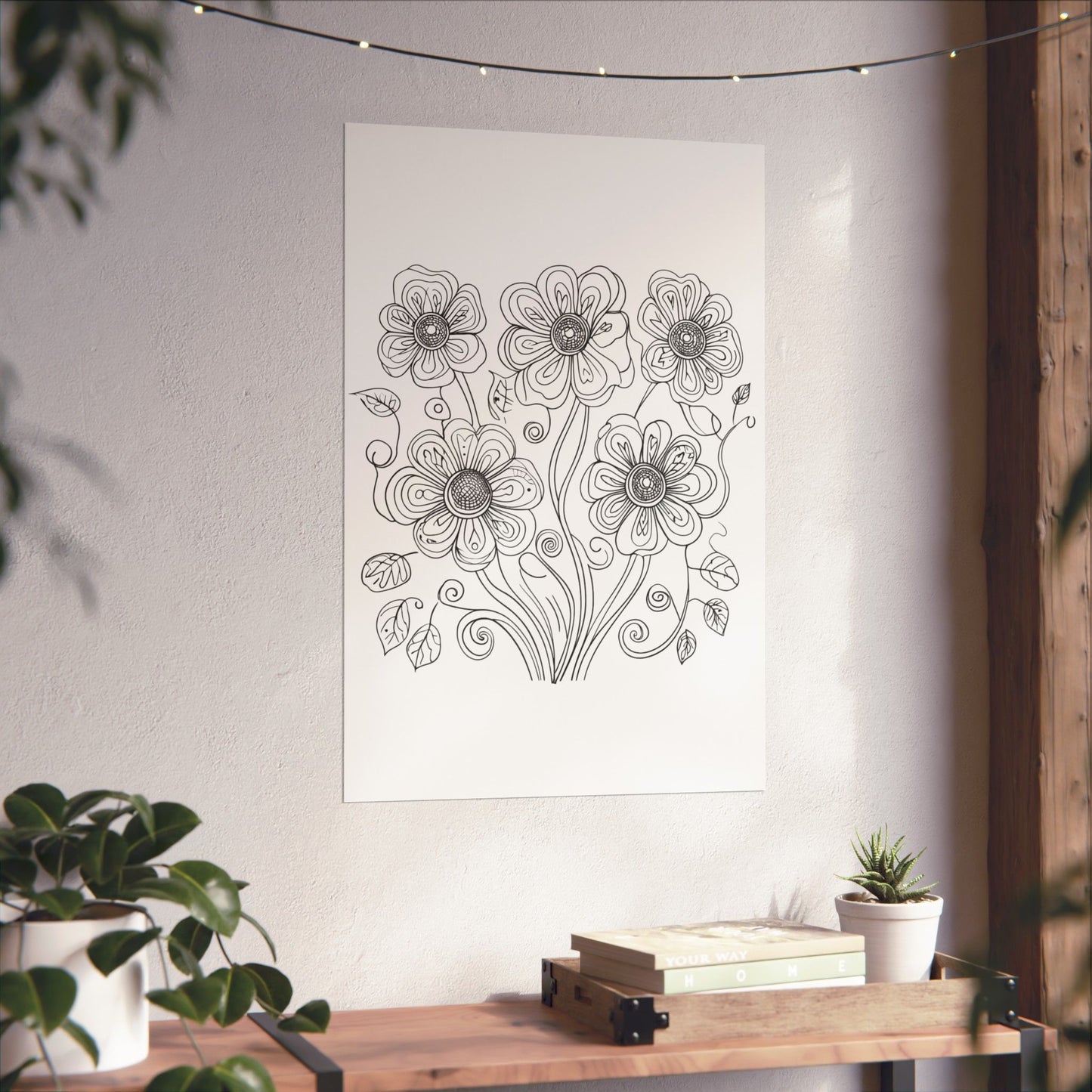 Floral Line Art Poster — Black & White Daisy Bouquet Matte Print - DIY