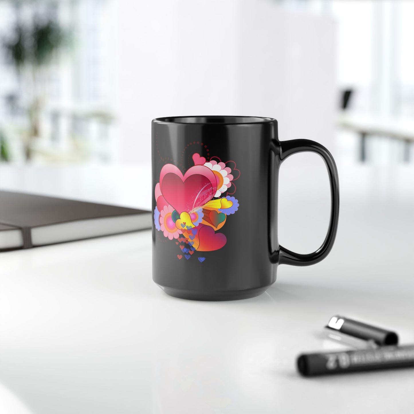 15oz Black Mug — Colorful Heart Floral Love Design
