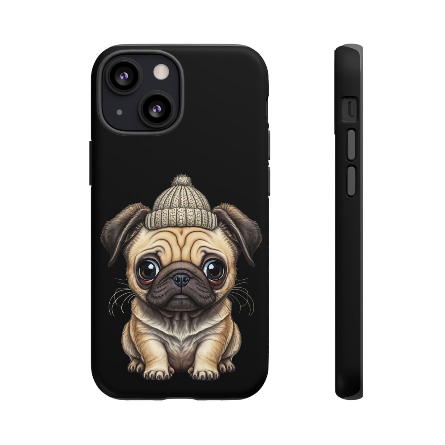 Pug Phone Case – Cute Pug Puppy Illustration on Black Tough Case