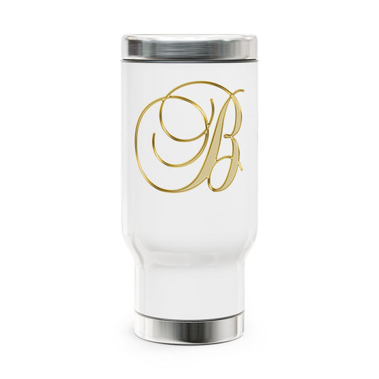Monogrammed Gold Script “B” Travel Mug – 14oz Stainless Steel with Handle