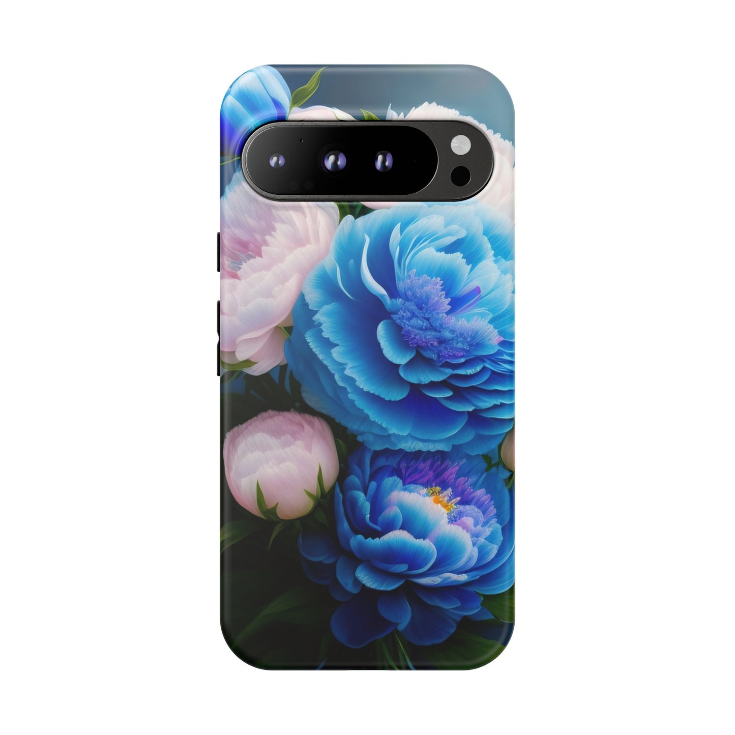 Floral Blue Peony Phone Case — Protective Tough Case with Pink & Blue Blooms