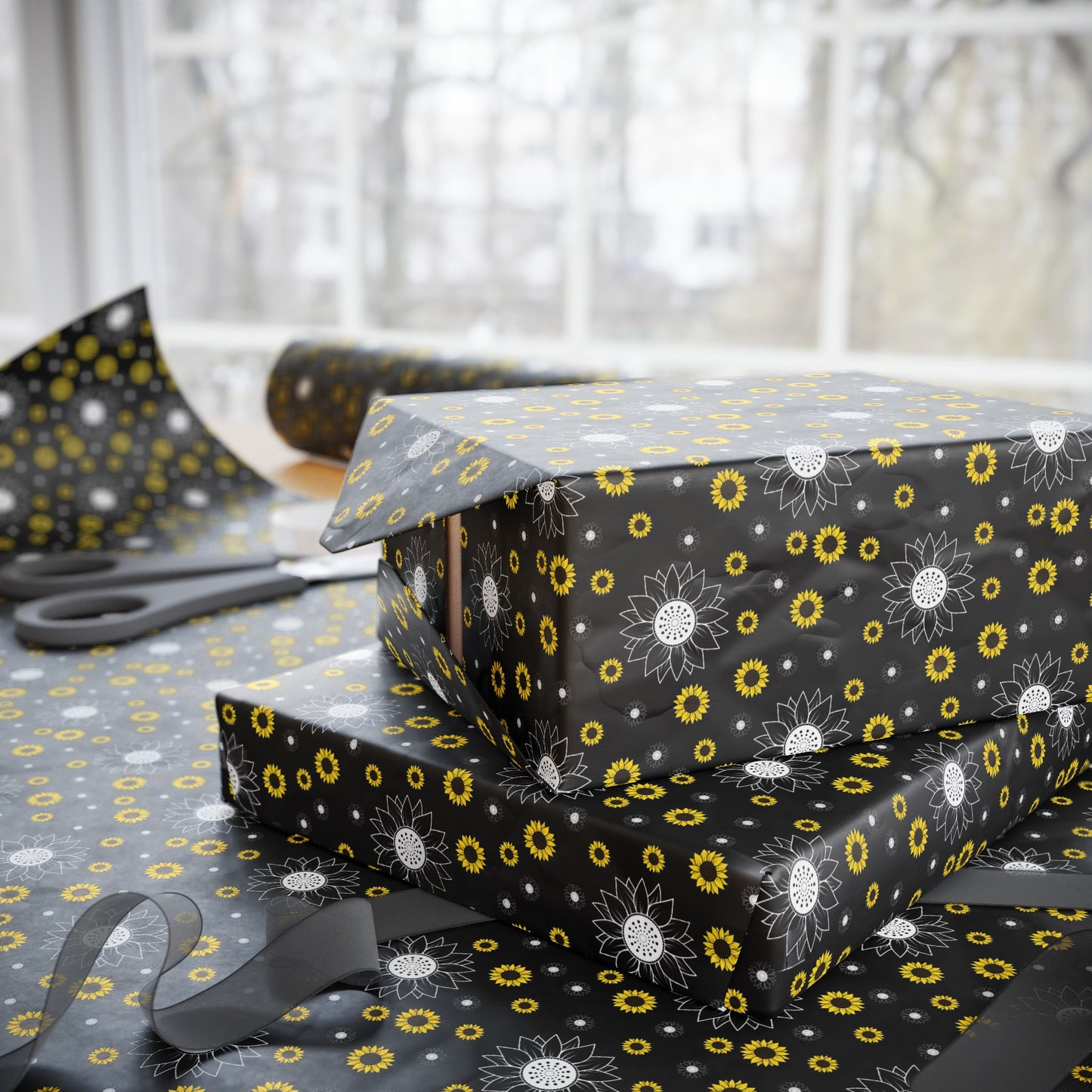 Sunflower Doodles Wrapping Paper Roll — Black & Yellow Floral Gift Wrap