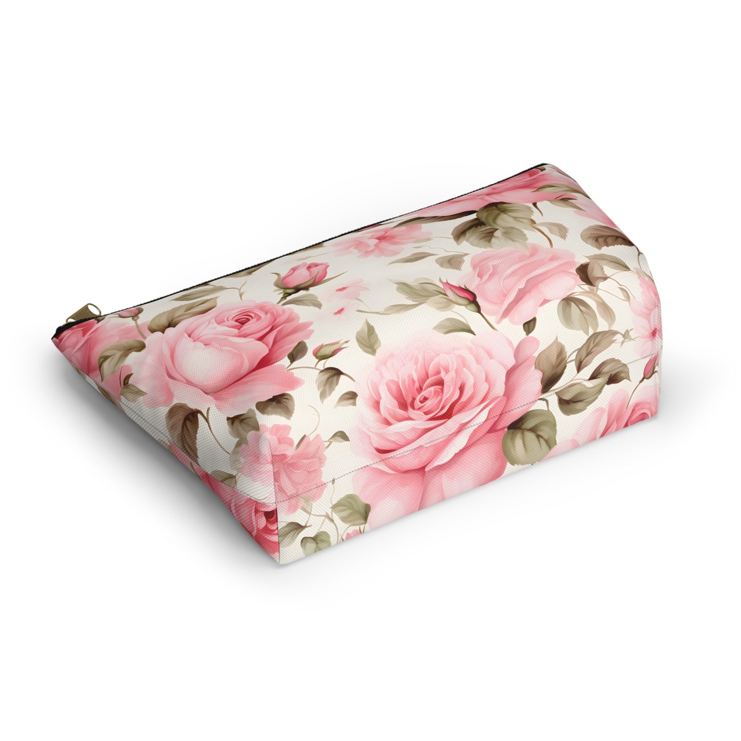 Floral Rose Accessory Pouch - Pink Vintage Cosmetic Bag with T-Bottom