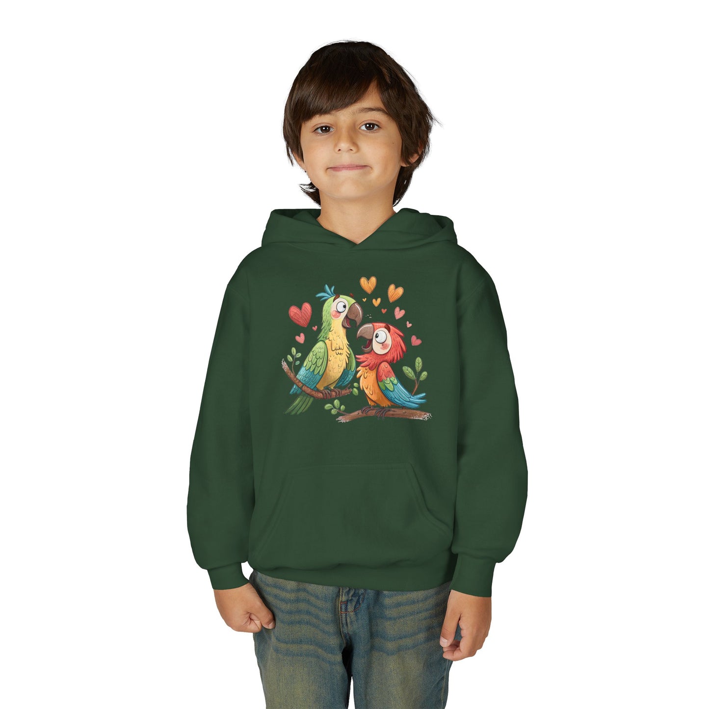 Youth Hoodie — Cute Parrot Couple Illustration (Hearts, Kids Pullover)
