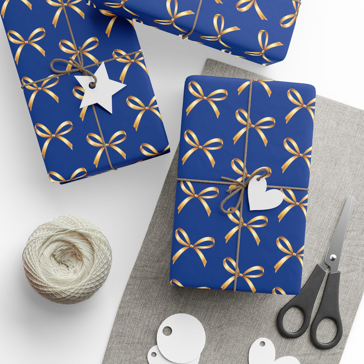 Wrapping Paper — Blue Gift Wrap with Gold Ribbon Pattern