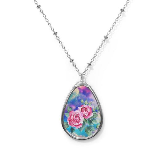Floral Oval Necklace with Rose Design, Spring Jewelry Gift, Mother's Day, Birthday, Anniversary, Unique Charm
