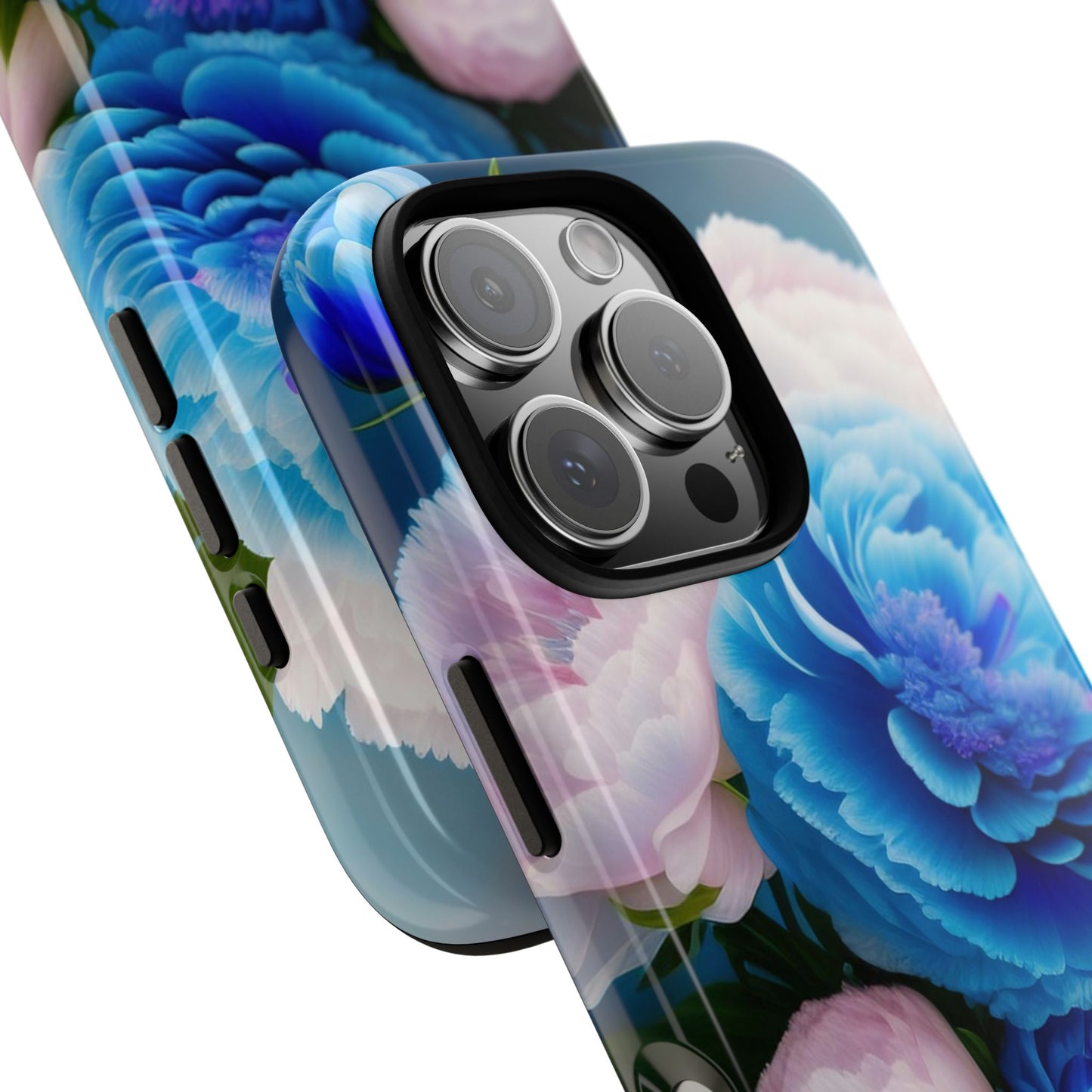 Floral Blue Peony Phone Case — Protective Tough Case with Pink & Blue Blooms