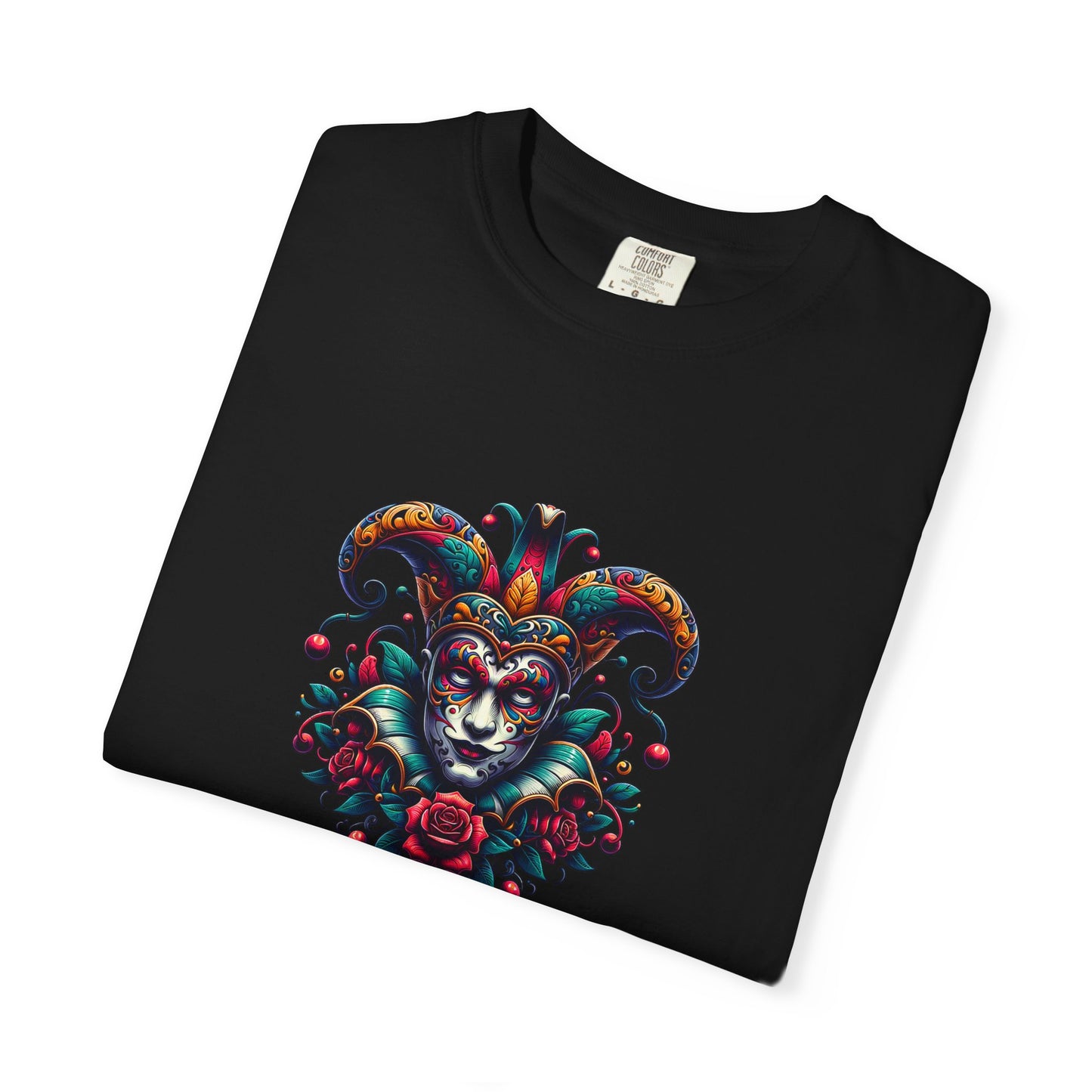 Vibrant Graphic Unisex T-Shirt with Floral Mask Design