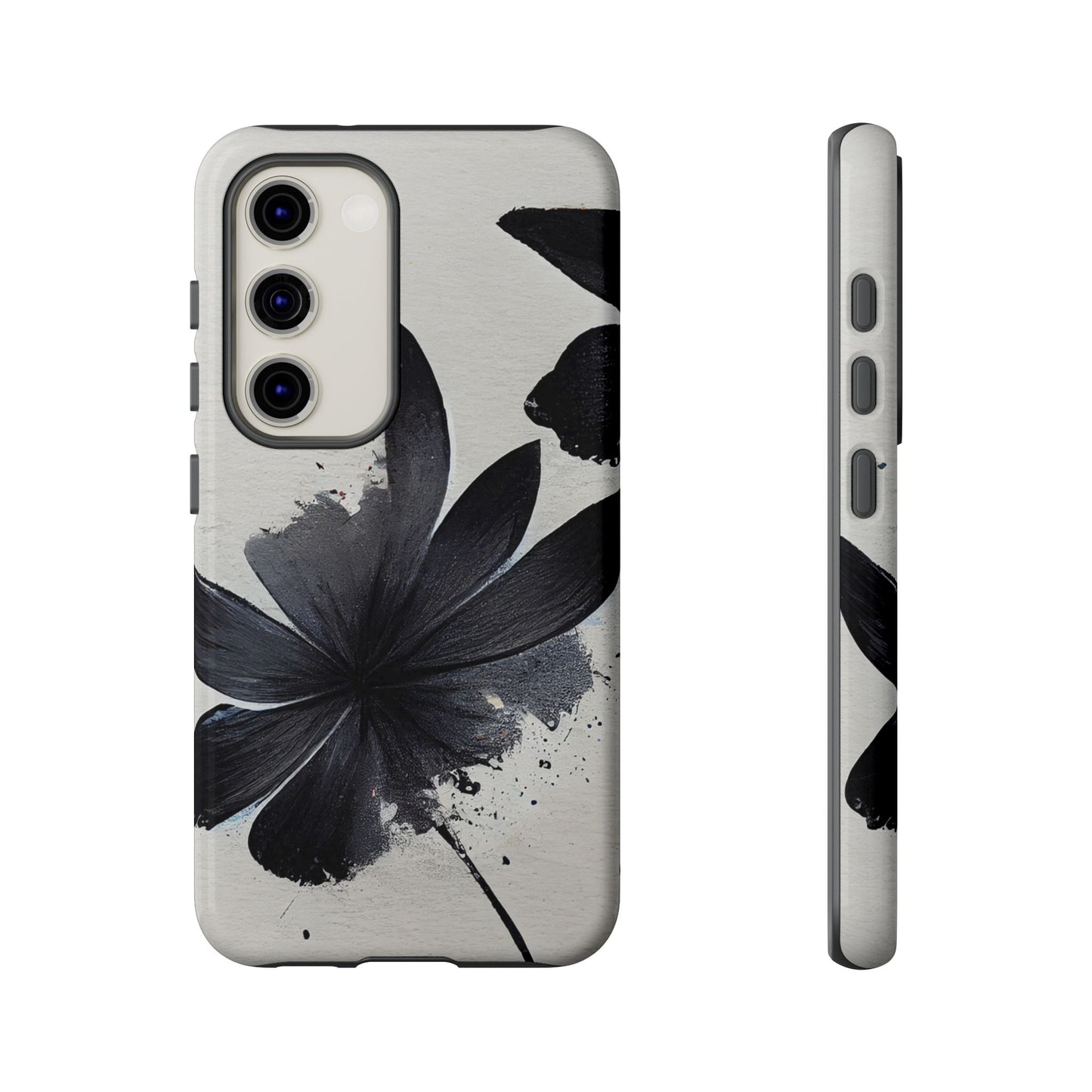 Monochrome Floral Tough Phone Case — Black Ink Flower Protective Cover