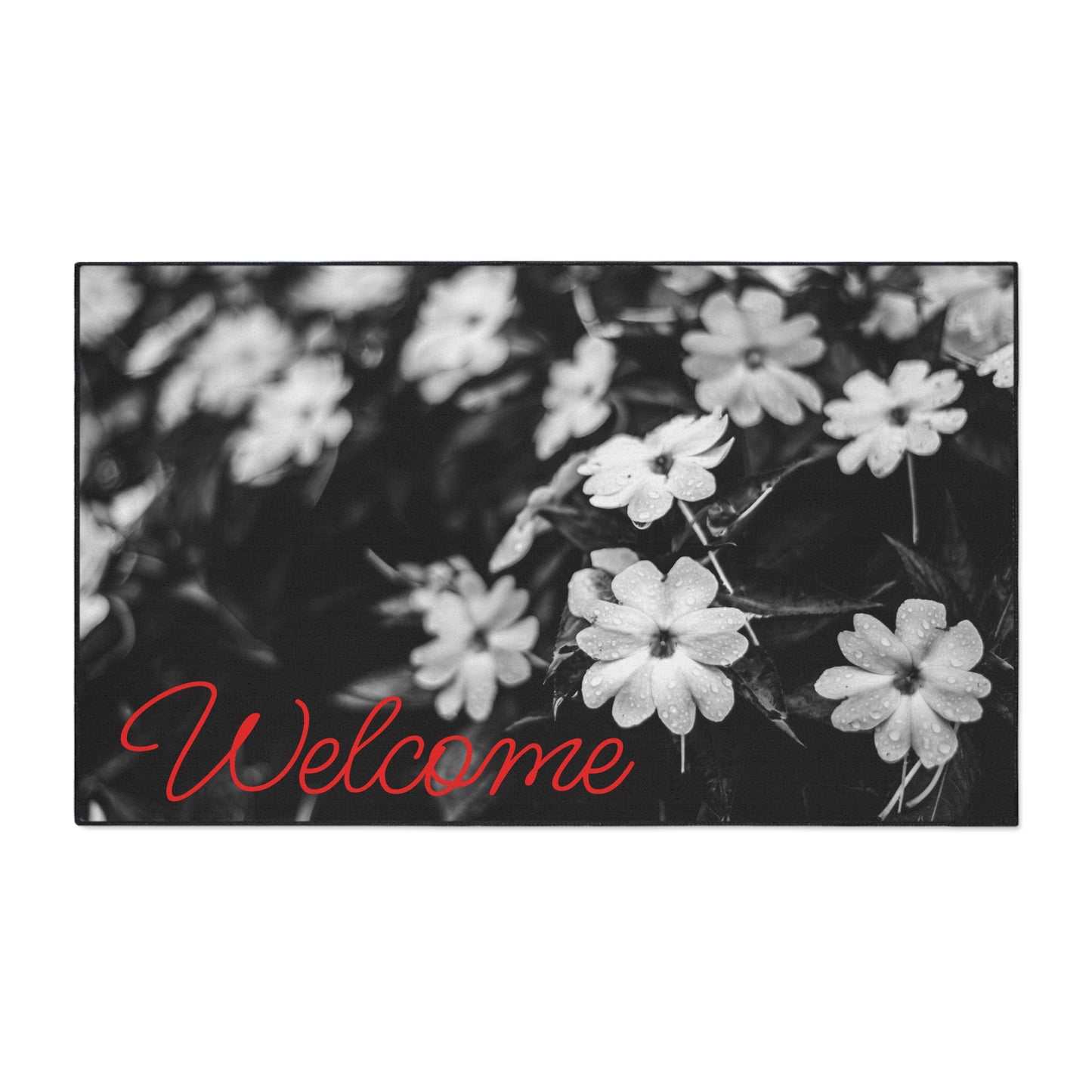Welcome Floral Heavy-Duty Floor Mat — Black & White Daisy Doormat