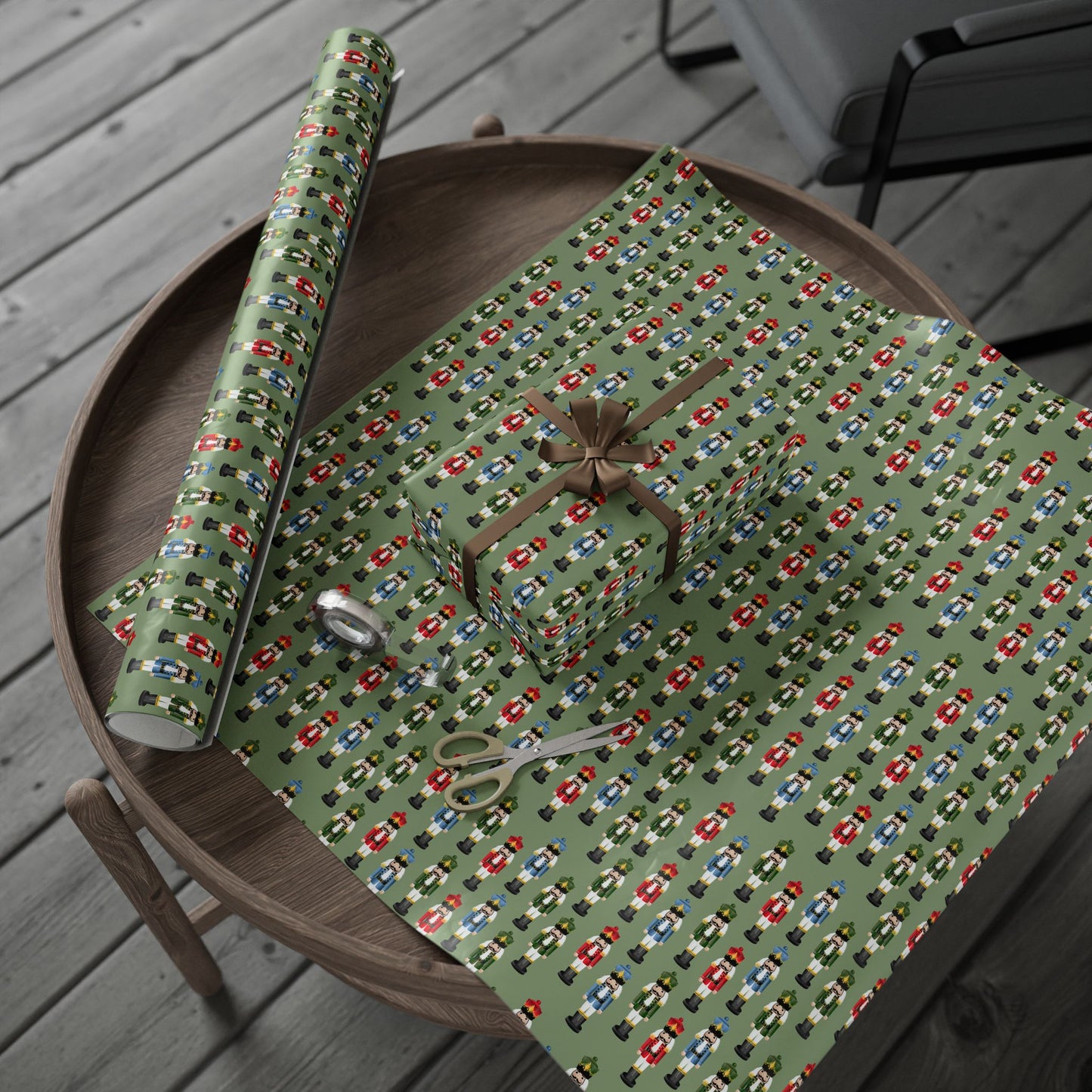 Nutcracker Pattern Wrapping Paper Roll — Festive Green Holiday Gift Wrap