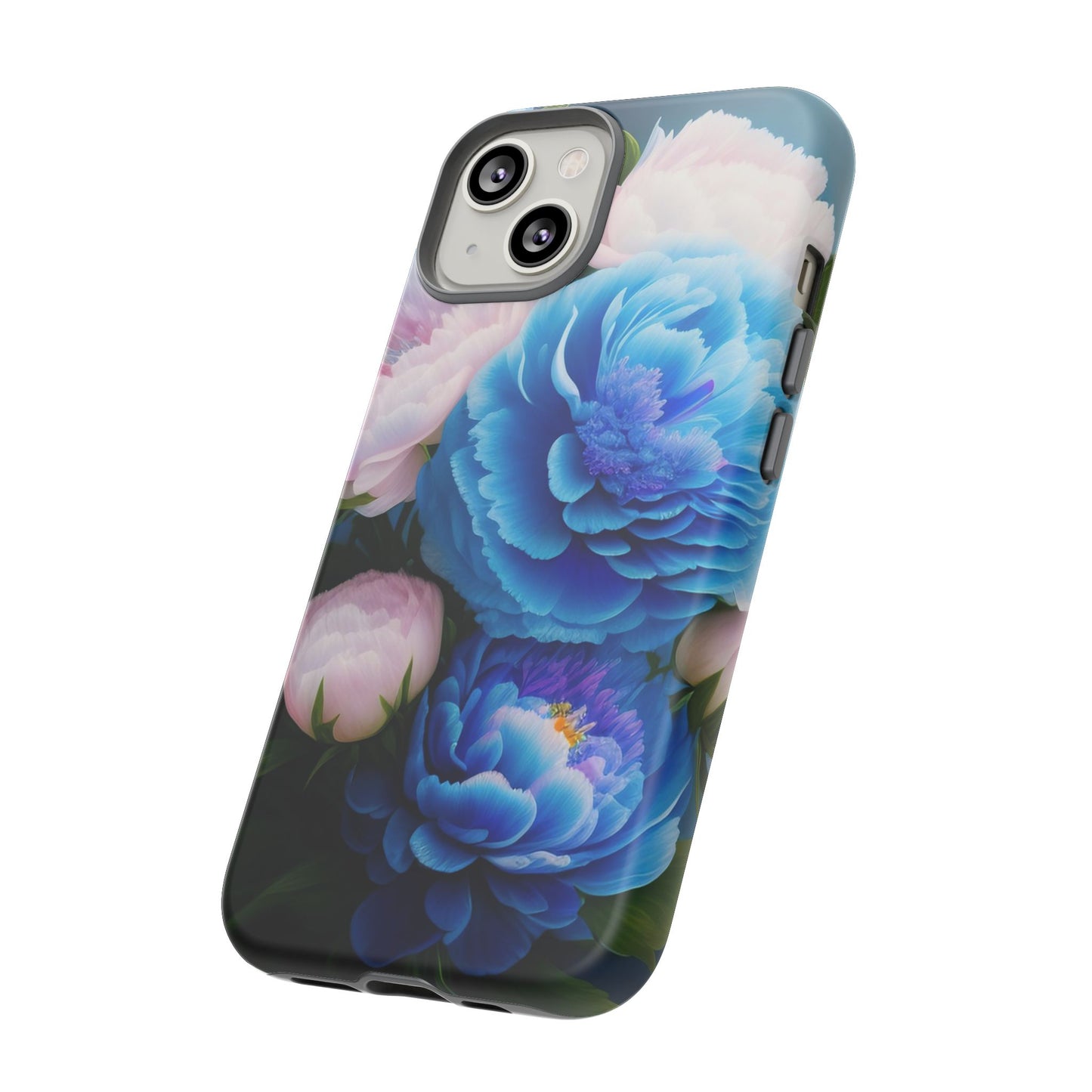 Floral Blue Peony Phone Case — Protective Tough Case with Pink & Blue Blooms