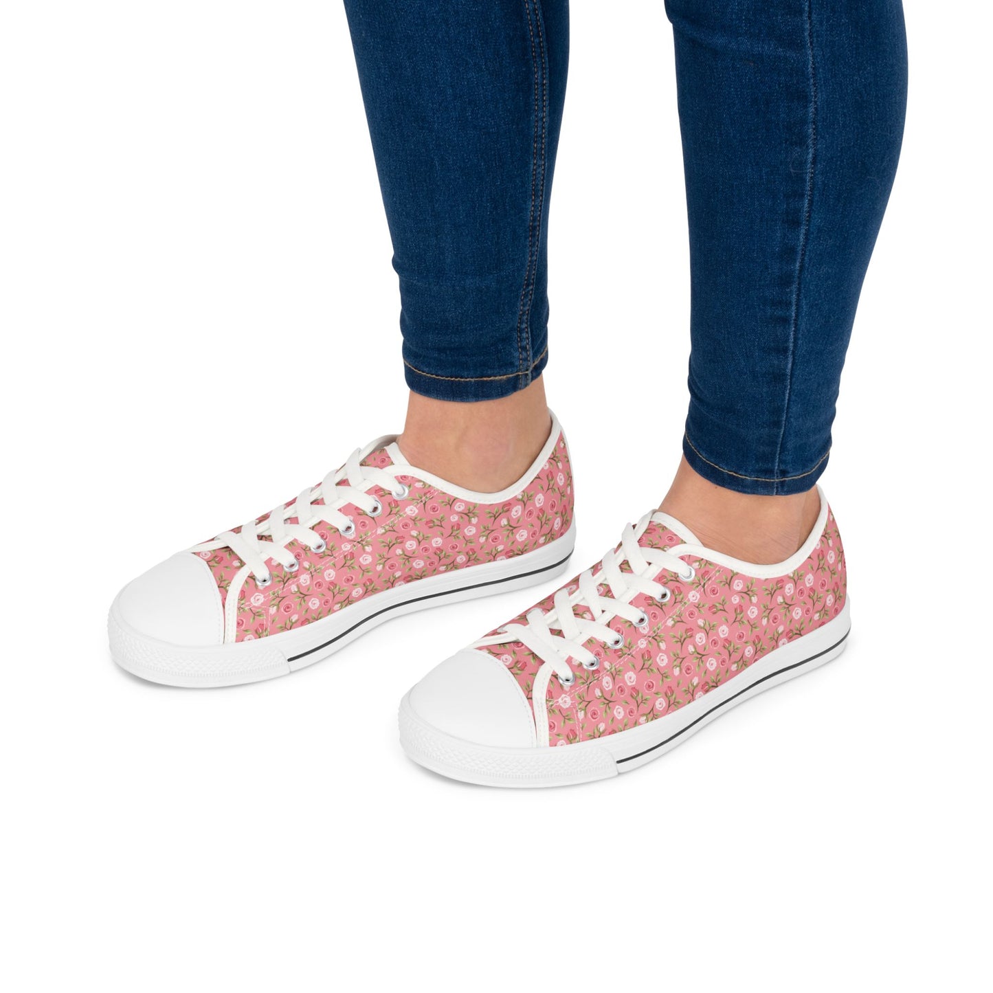 Floral Pink Low Top Sneakers — Women's Cute Rose Pattern Canvas Shoes