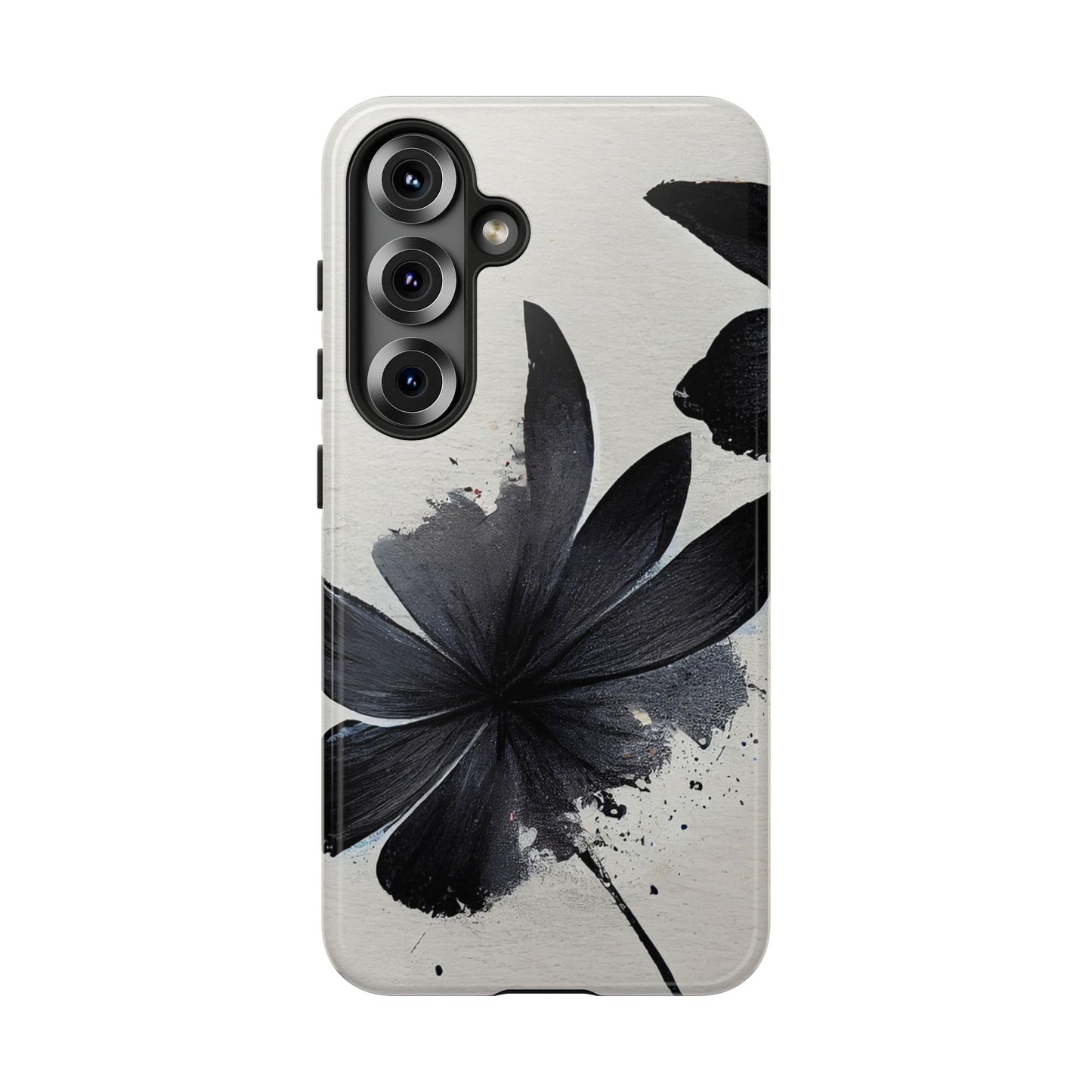 Monochrome Floral Tough Phone Case — Black Ink Flower Protective Cover