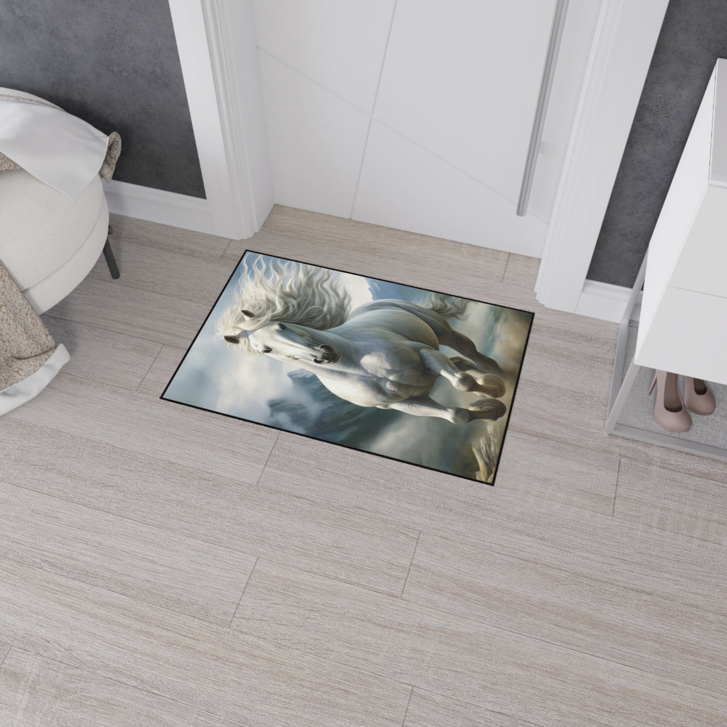 Majestic White Horse Heavy-Duty Floor Mat — Running Stallion Rug for Entryway & Stable