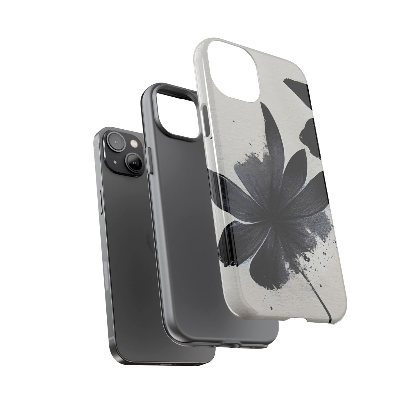 Monochrome Floral Tough Phone Case — Black Ink Flower Protective Cover