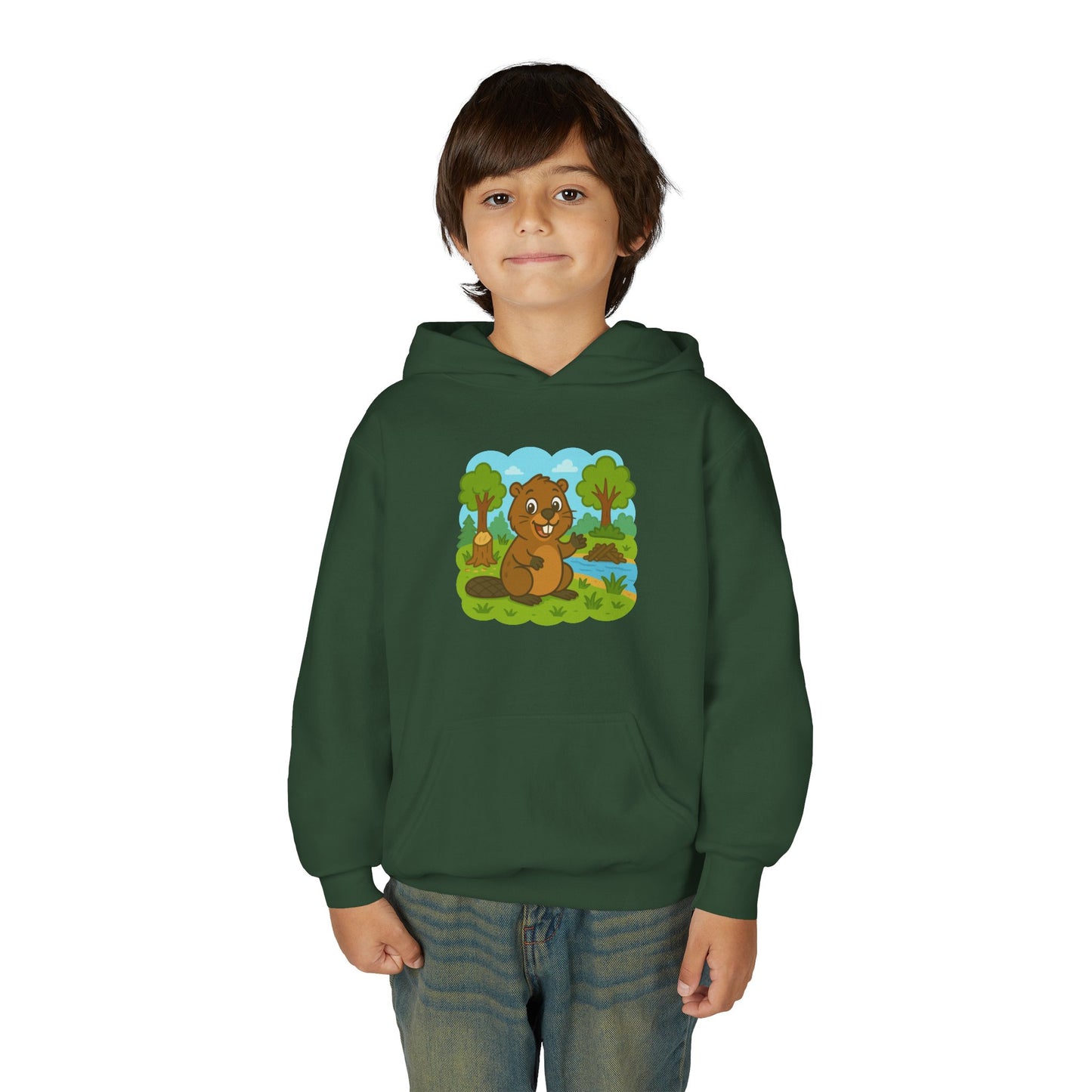 Cartoon Beaver Forest Scene Youth Hoodie | Woodland Animal Kids Sweatshirt