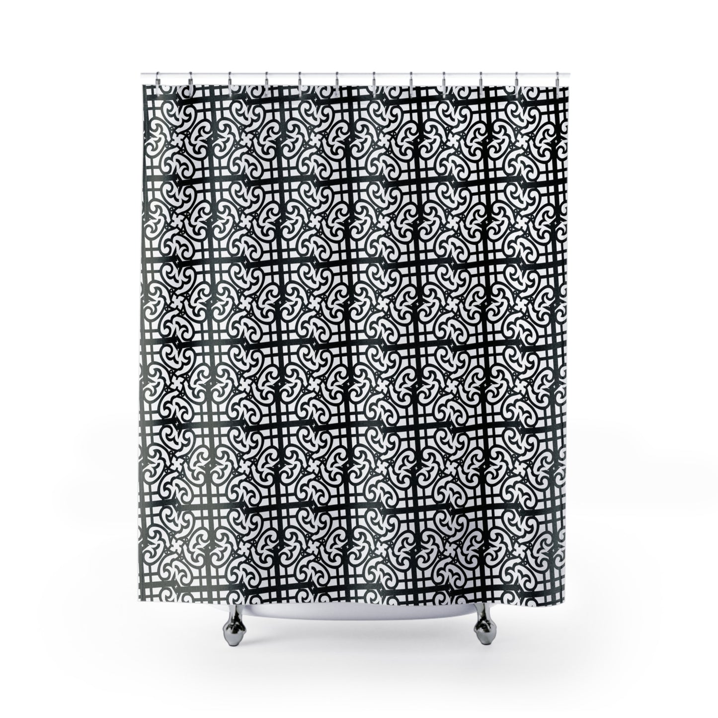 Black and White Moroccan Tile Shower Curtain — Elegant Geometric Bathroom Decor