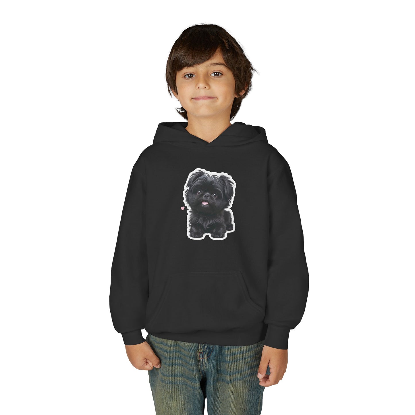 Youth Hoodie — Cute Black Shih Tzu with “Love Has Four Paws” Back Print
