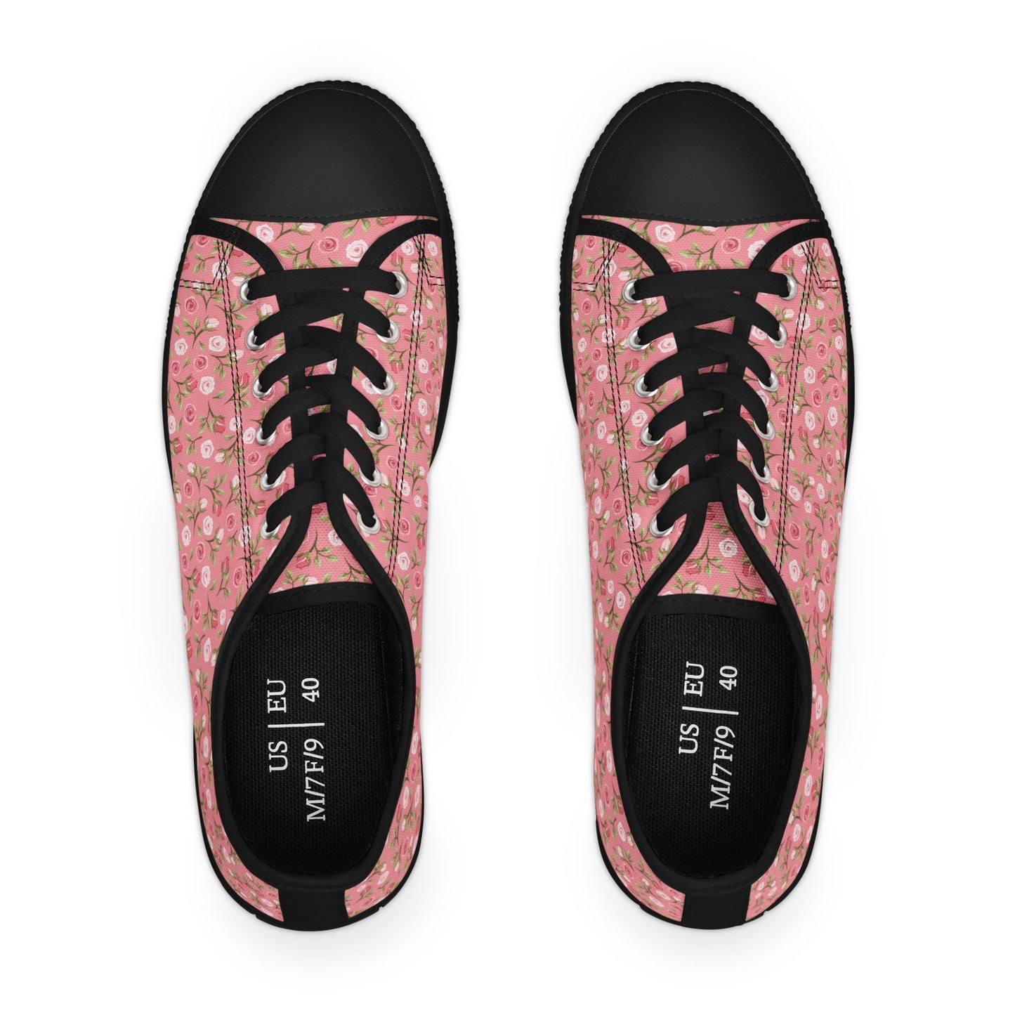 Floral Pink Low Top Sneakers — Women's Cute Rose Pattern Canvas Shoes
