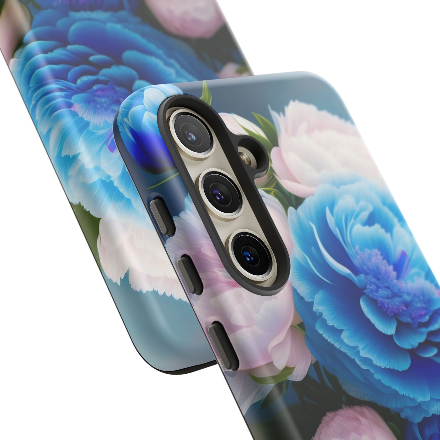 Floral Blue Peony Phone Case — Protective Tough Case with Pink & Blue Blooms