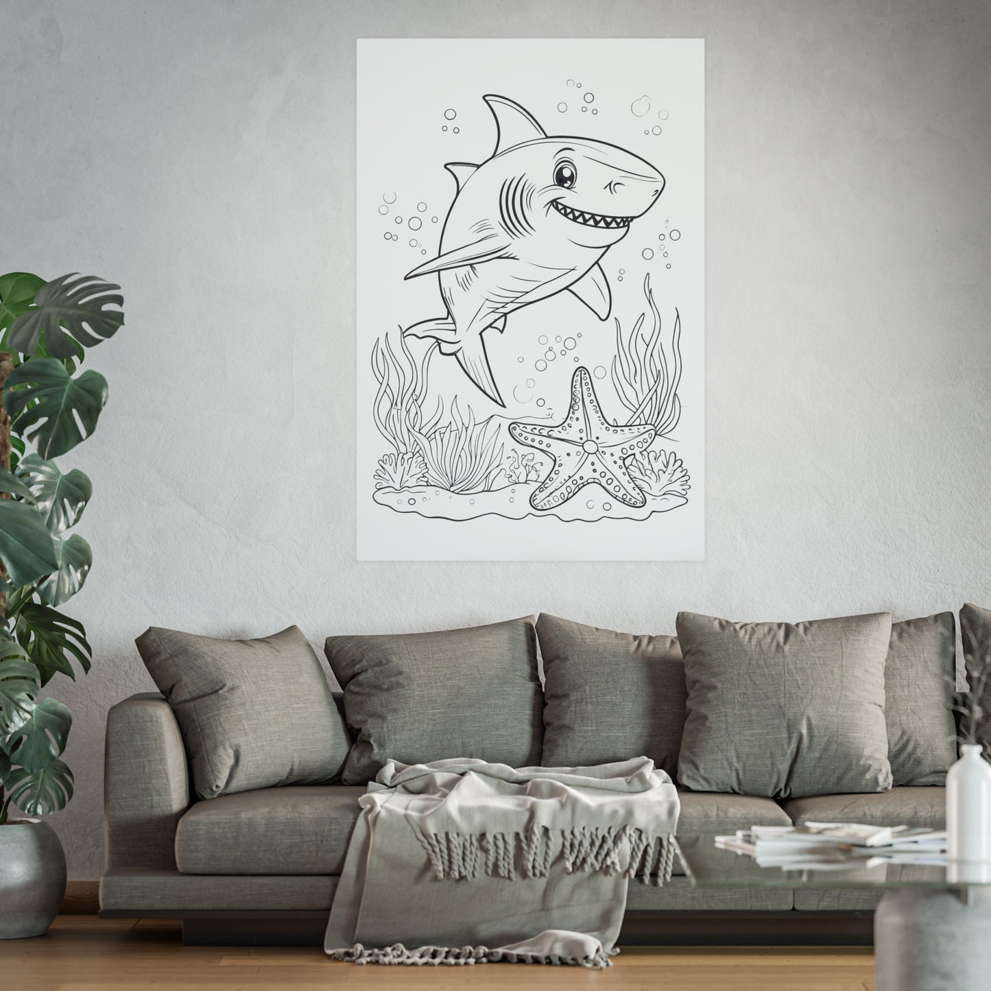 Cute Shark Coloring Poster — Satin & Archival Matte Ocean Print for Kids’ Rooms