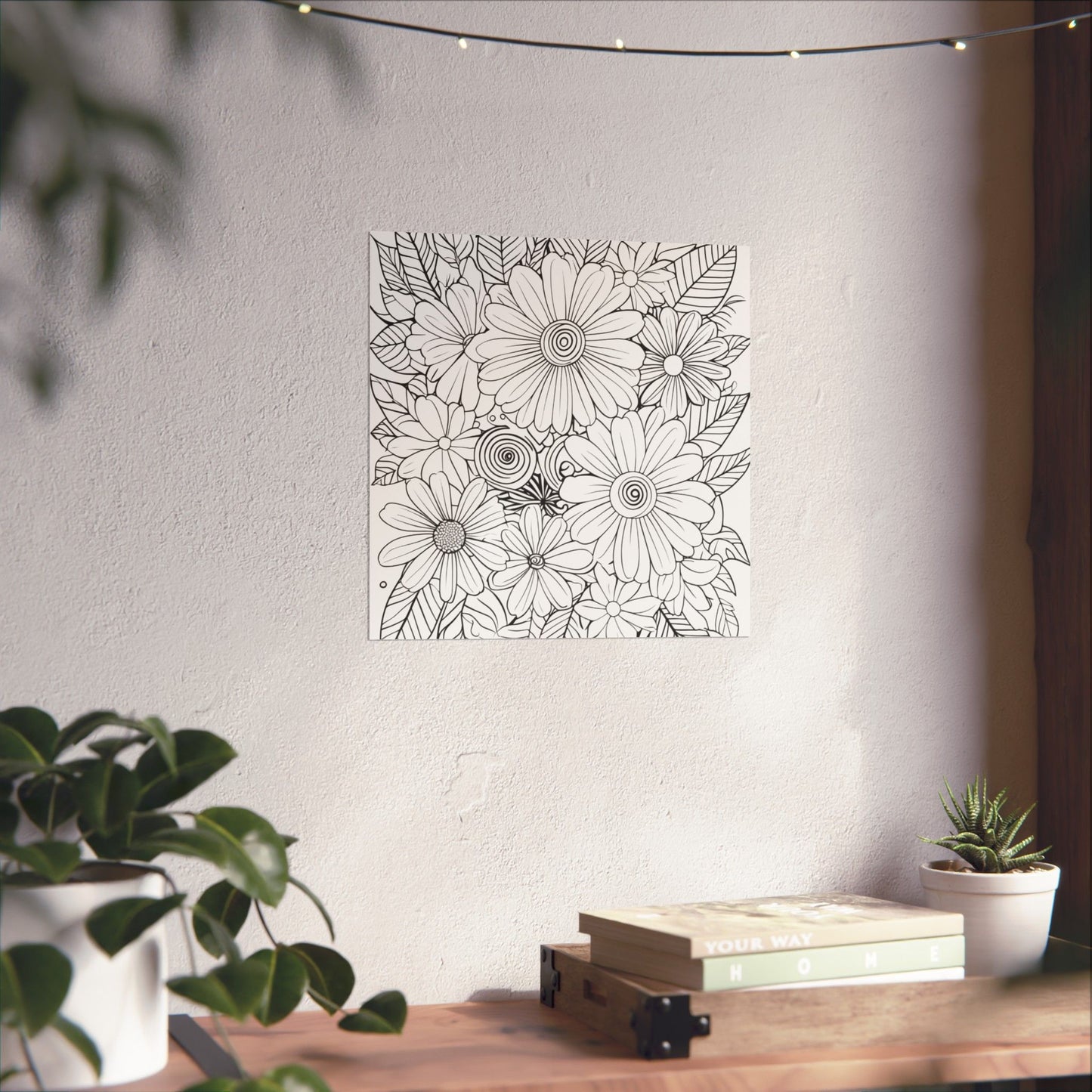 DIY Botanical Doodle Poster — Black & White Floral Coloring Art Print