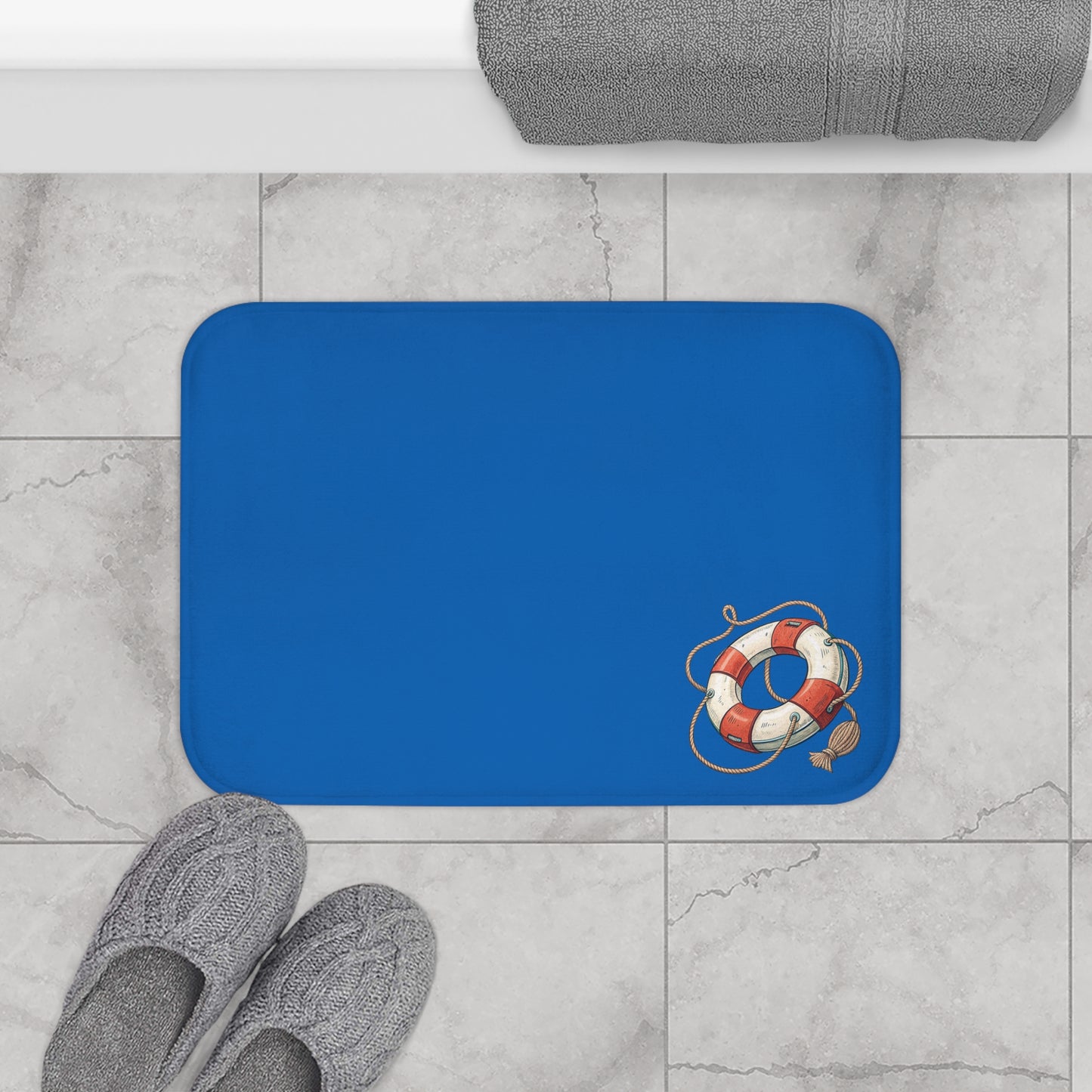 Nautical-Themed Bath Mat, Coastal Bathroom Decor, Blue Bath Rug, Lifesaver Design, Beach House Accessories
