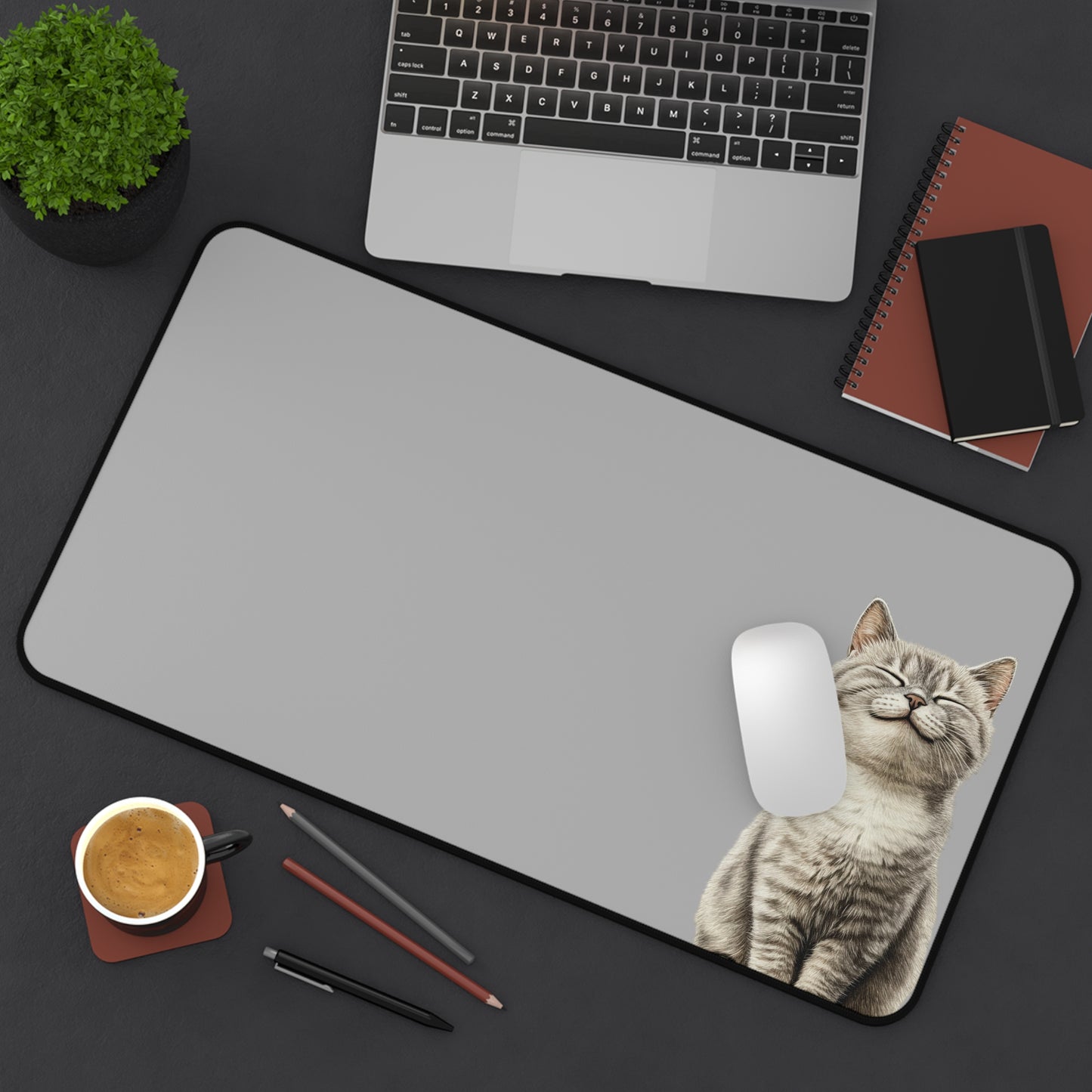 Smiling Cat Desk Mat — Cute Grey Mousepad for Home Office & Gamers