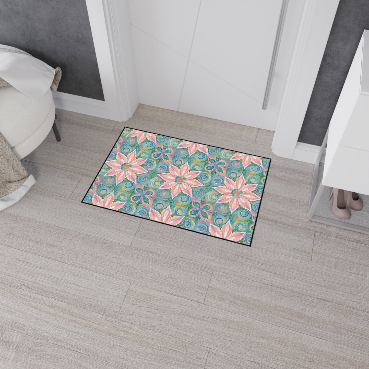 Floral Kaleidoscope Heavy-Duty Floor Mat — Pink Petal Outdoor/Entry Rug