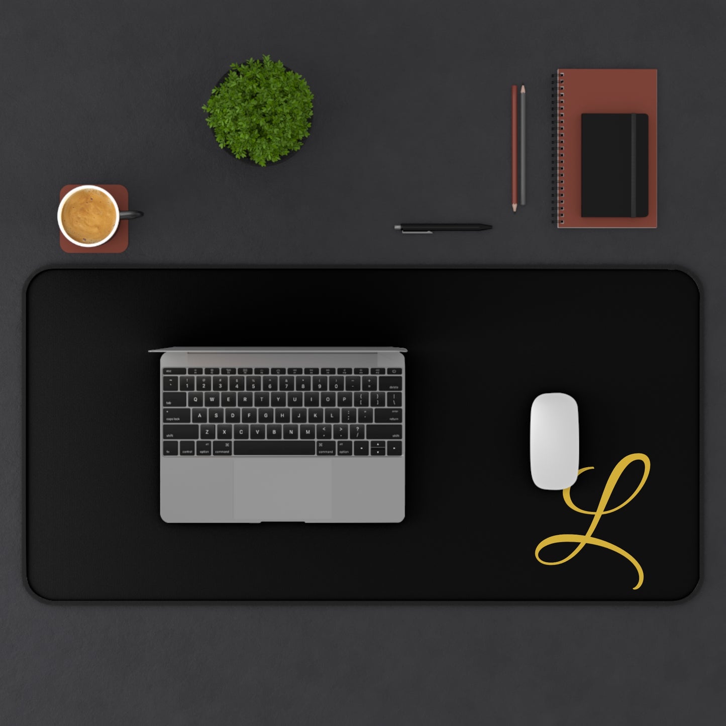 Elegant Monogram Desk Mat — Black Desk Pad with Gold “L” Accent