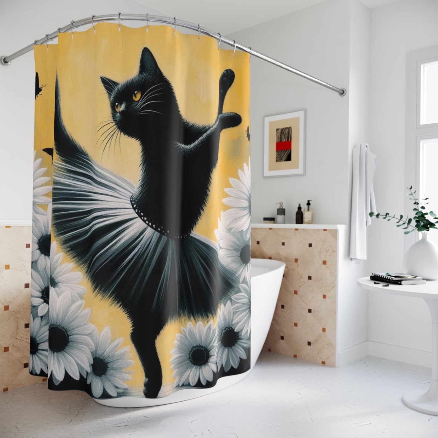 Black Cat Ballerina Shower Curtain — Dancing Cat with Daisies Bathroom Decor
