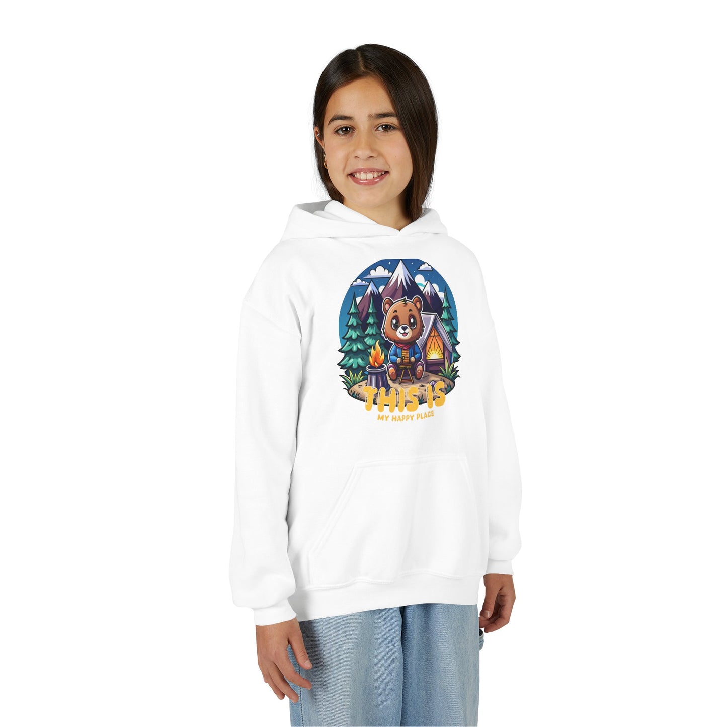 Youth Bear Camping Hoodie — "This is My Happy Place" Cozy Kid’s Outdoor Sweatshirt