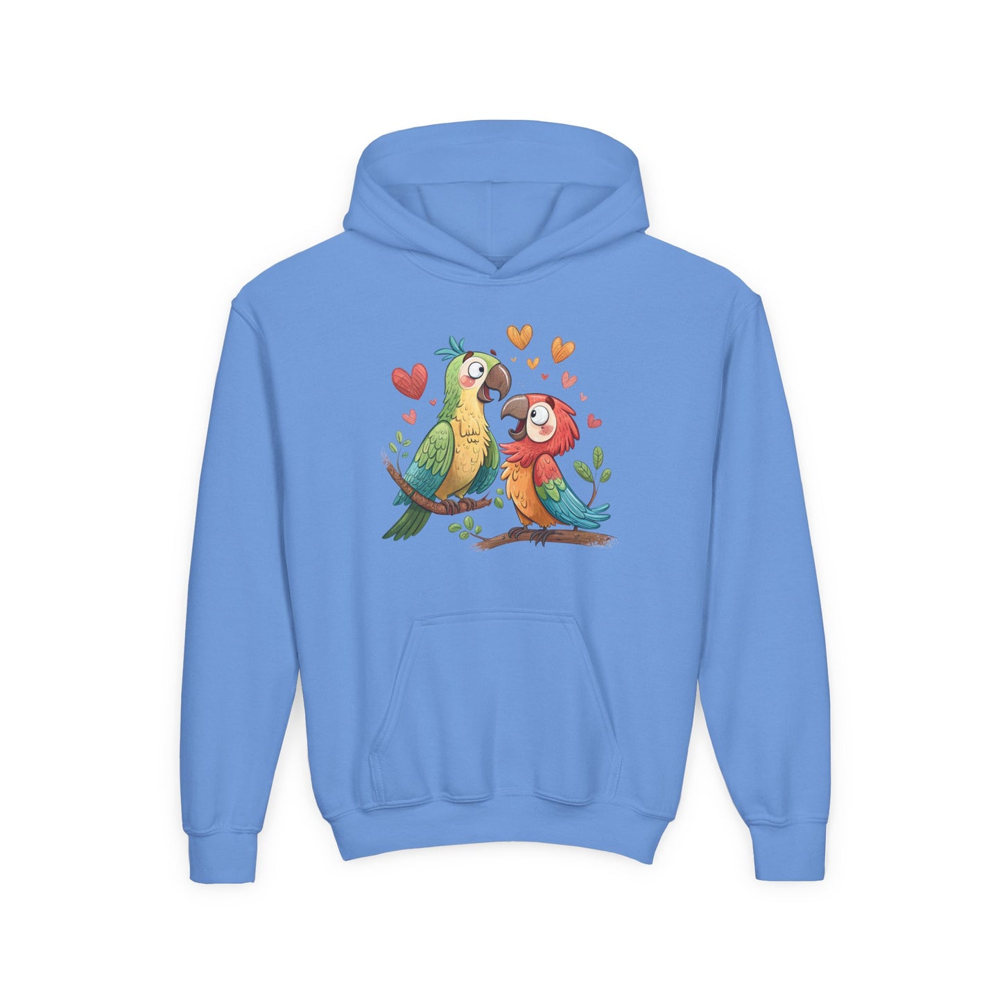 Youth Hoodie — Cute Parrot Couple Illustration (Hearts, Kids Pullover)