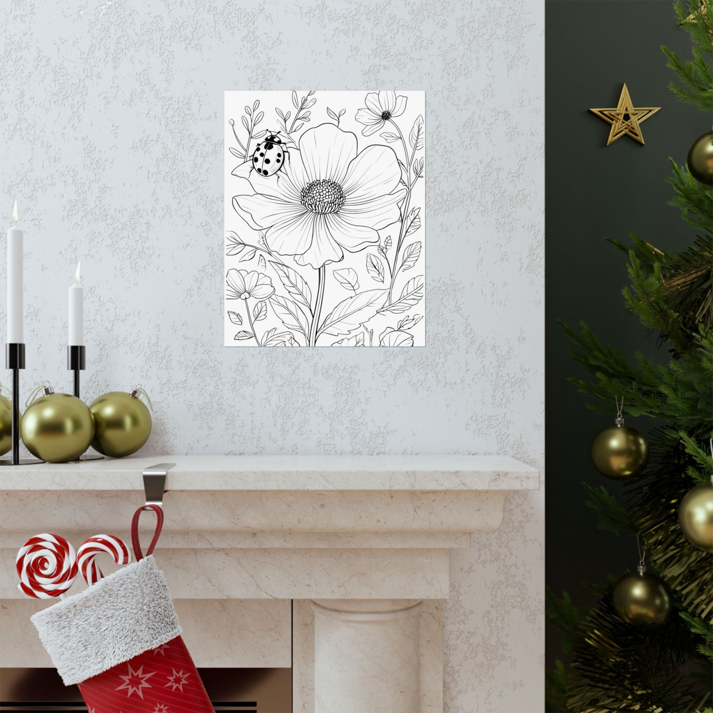 Botanical Ladybug Matte Poster — Floral Line Art Vertical Wall Print