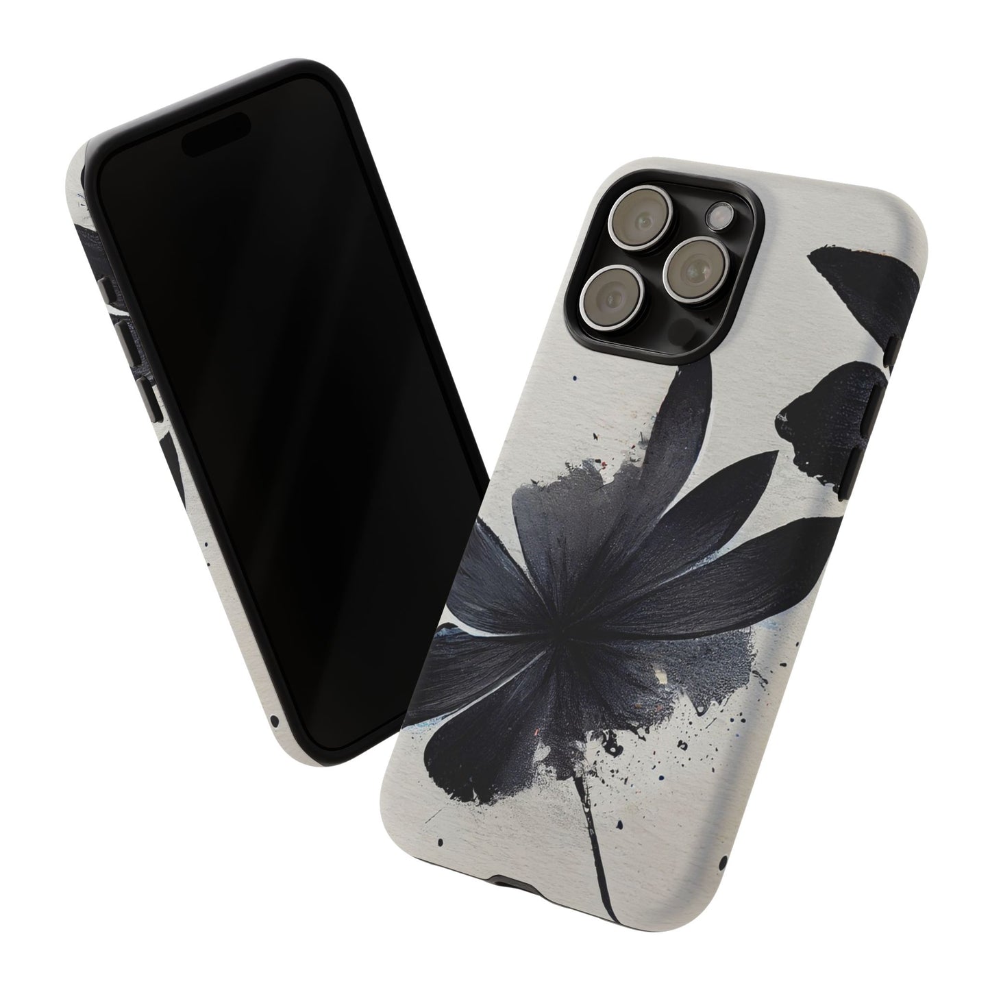 Monochrome Floral Tough Phone Case — Black Ink Flower Protective Cover