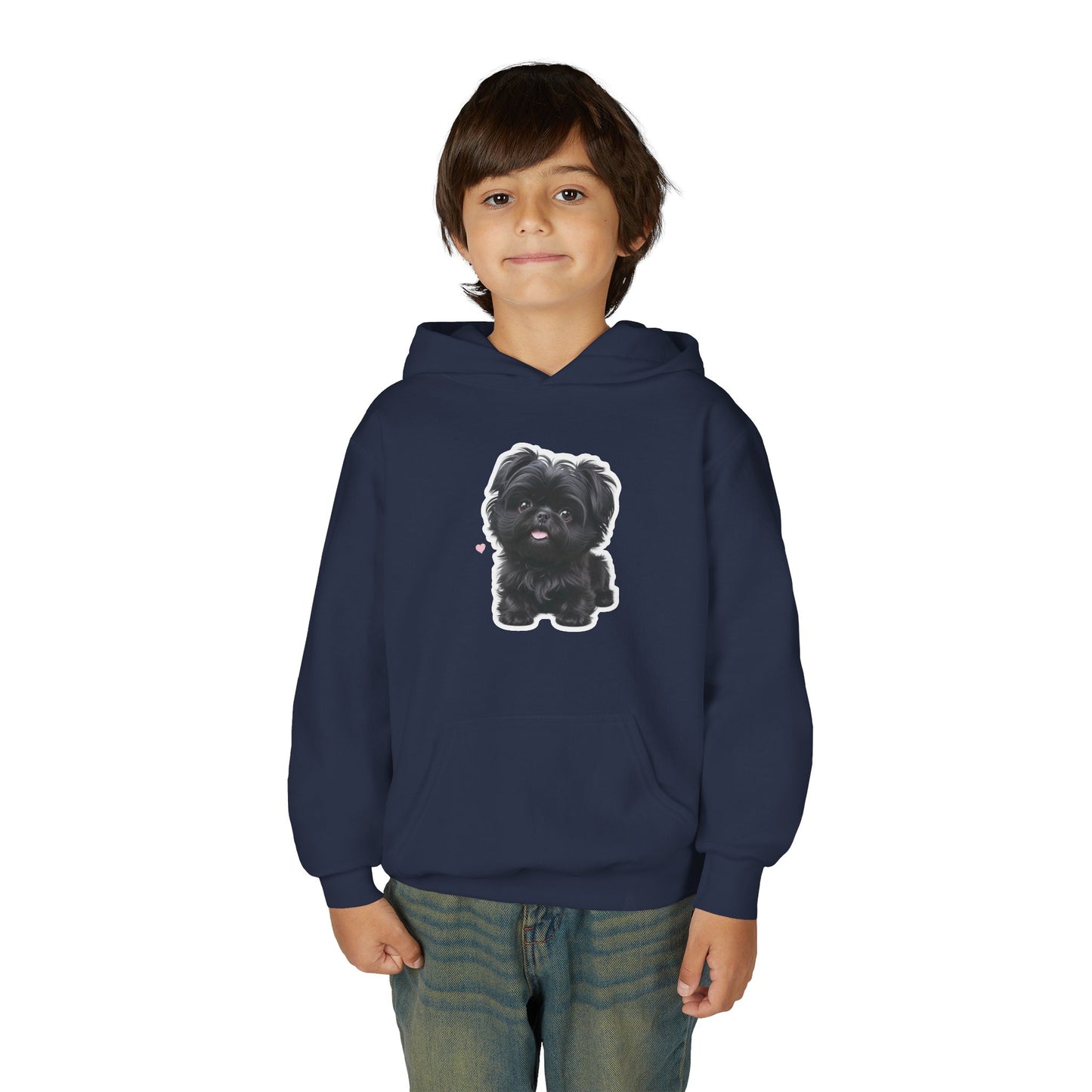 Youth Hoodie — Cute Black Shih Tzu with “Love Has Four Paws” Back Print