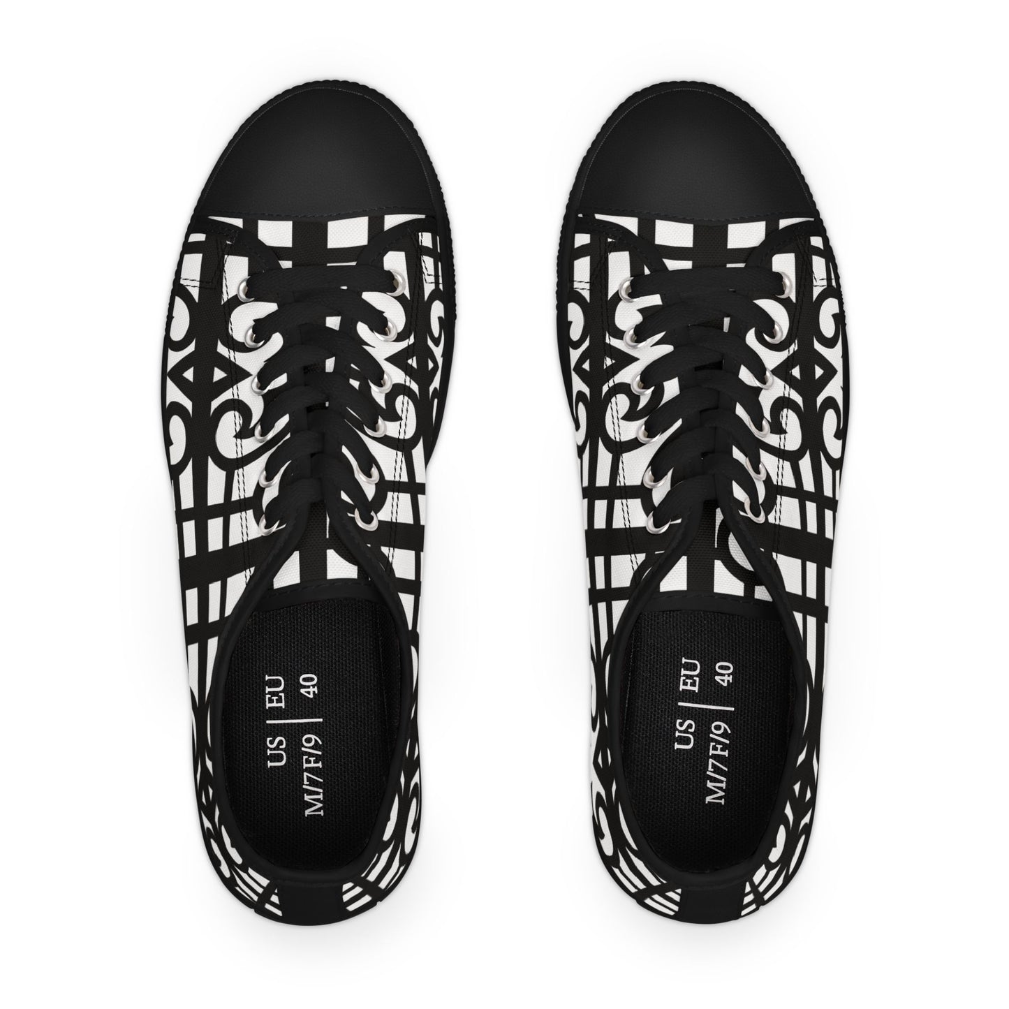 Low Top Sneakers — Black & White Geometric Lattice Pattern