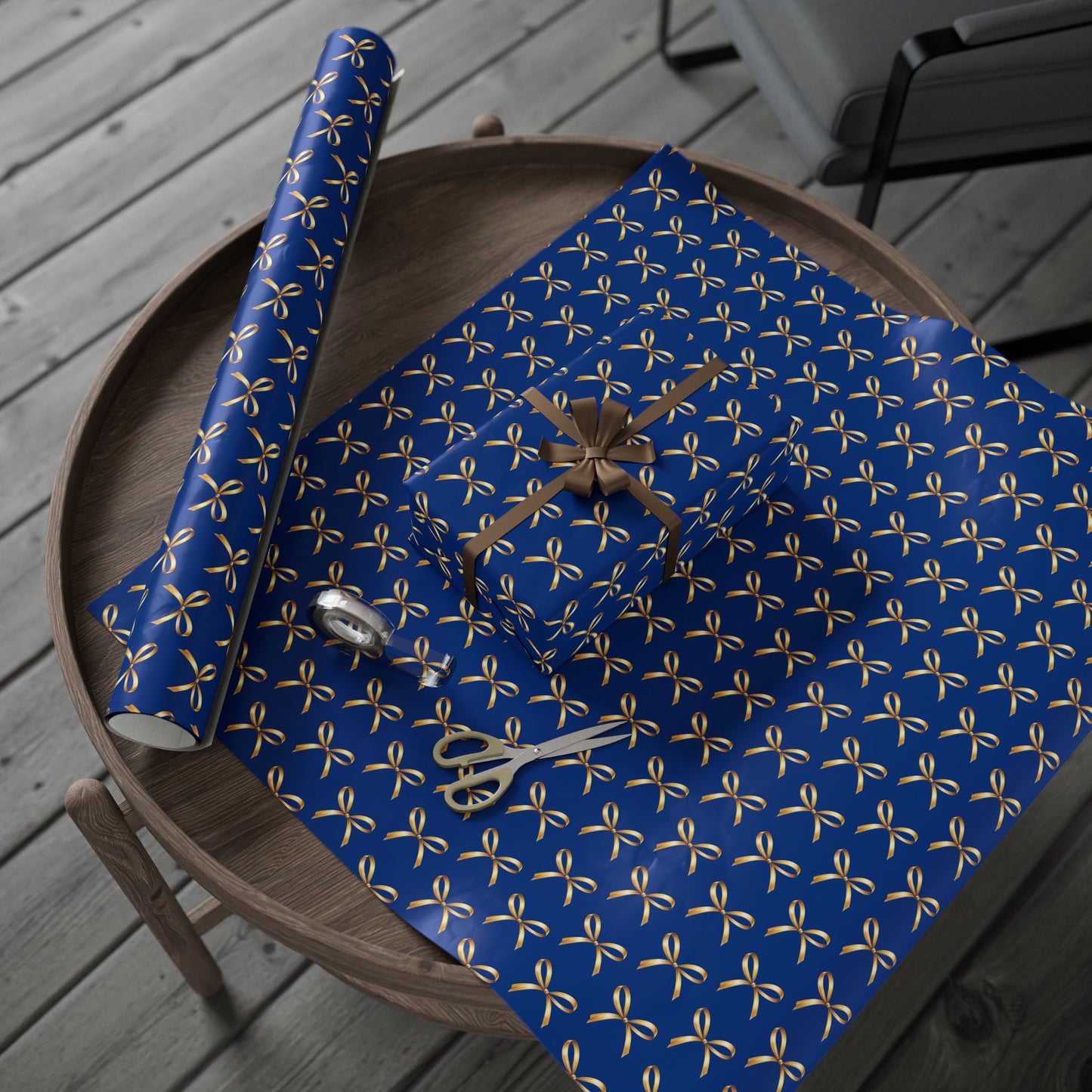 Wrapping Paper — Blue Gift Wrap with Gold Ribbon Pattern