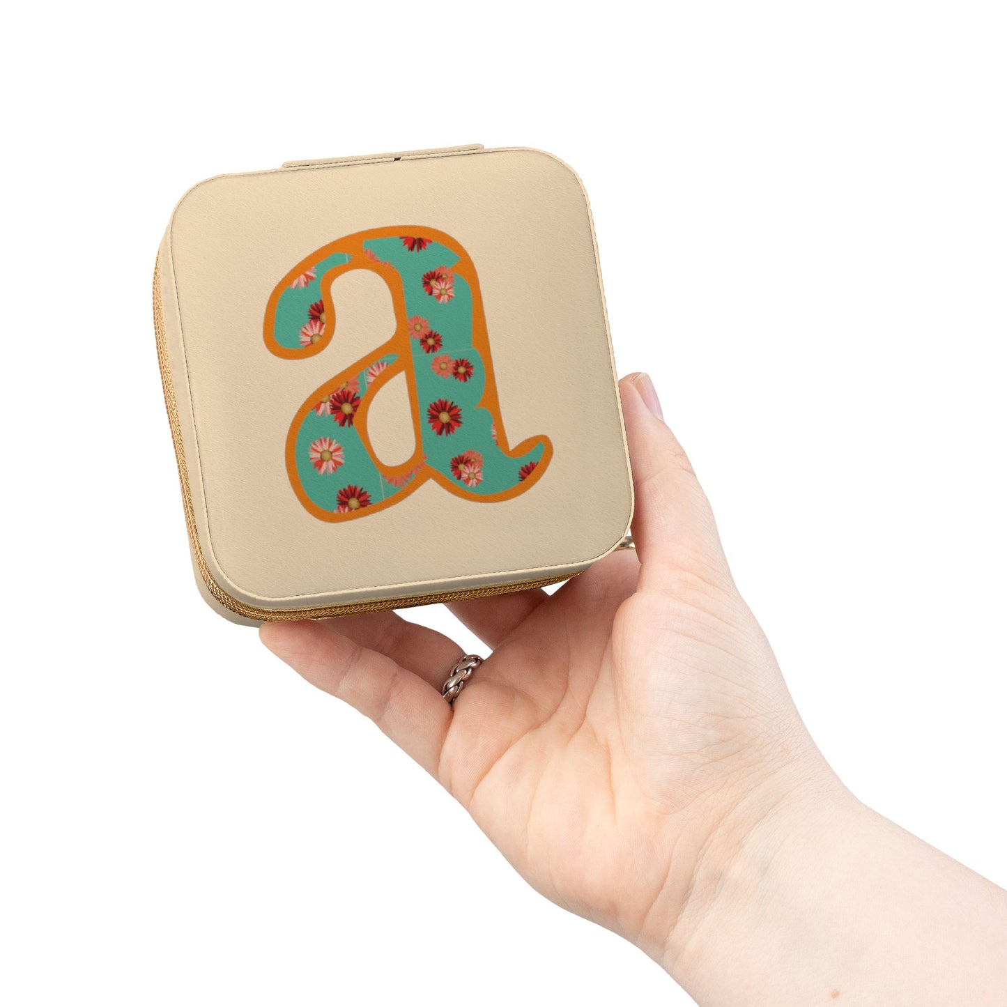 Personalized Monogram Jewelry Travel Case – Compact Soft-Pink Organizer with Floral ‘a’