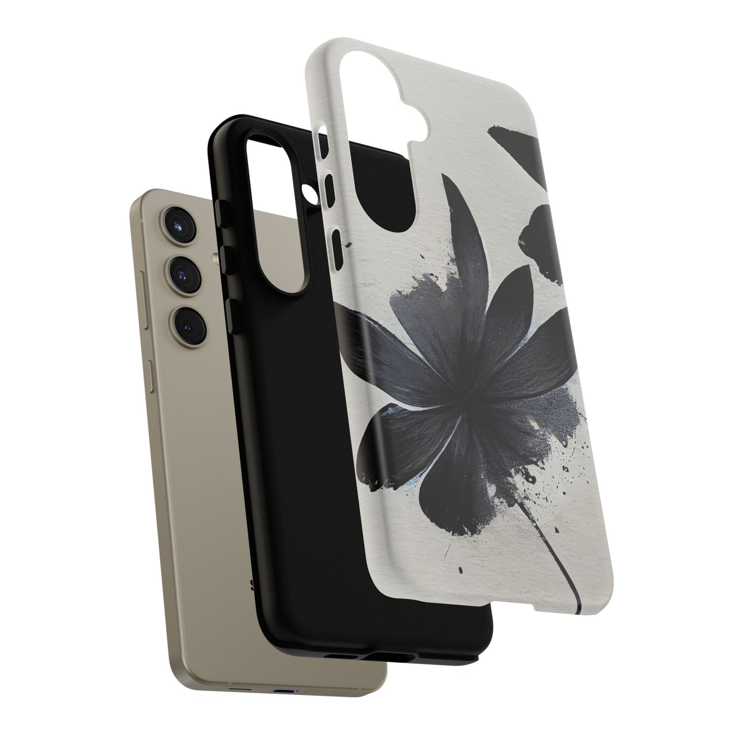 Monochrome Floral Tough Phone Case — Black Ink Flower Protective Cover