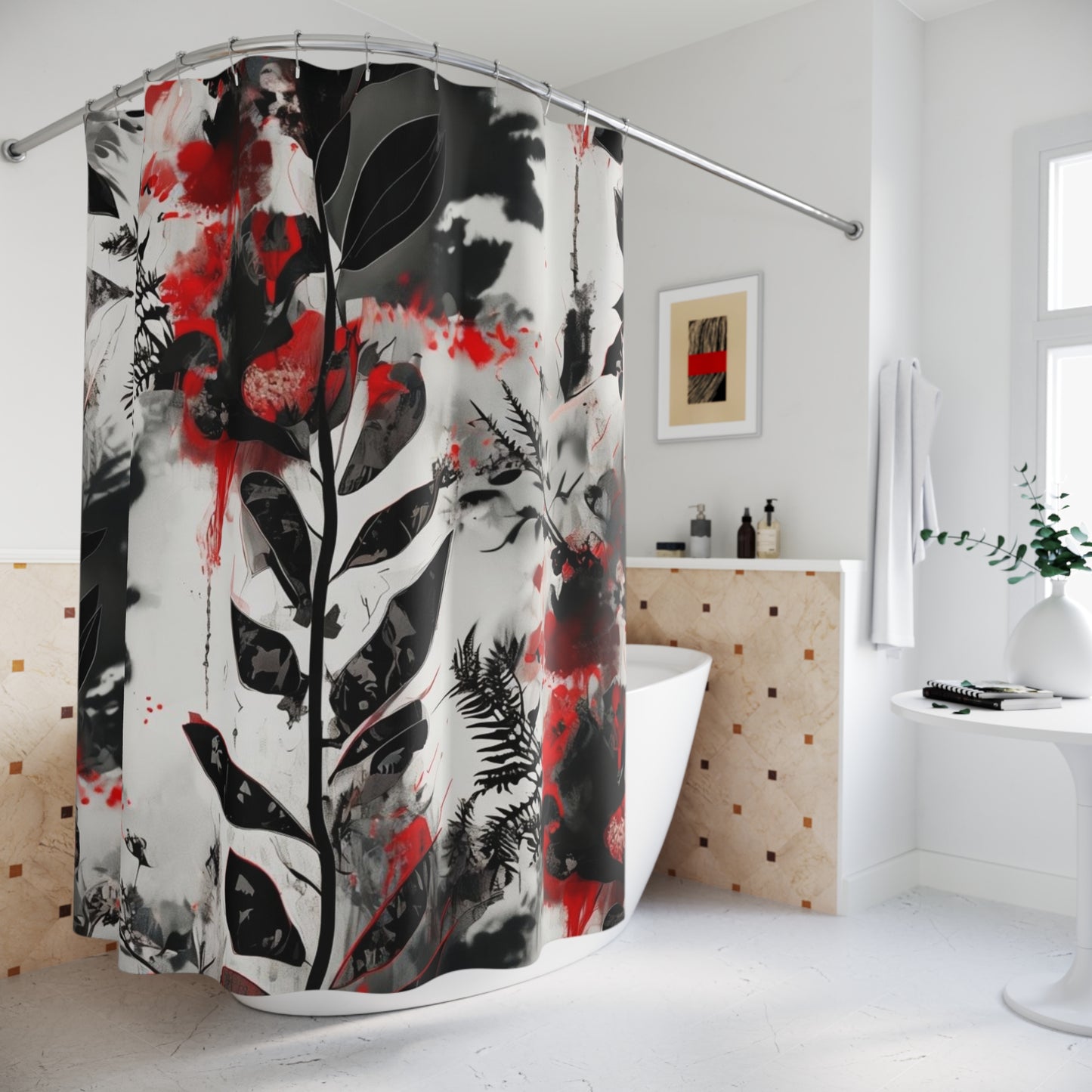 Abstract Red & Black Botanical Shower Curtain — Watercolor Floral Splash