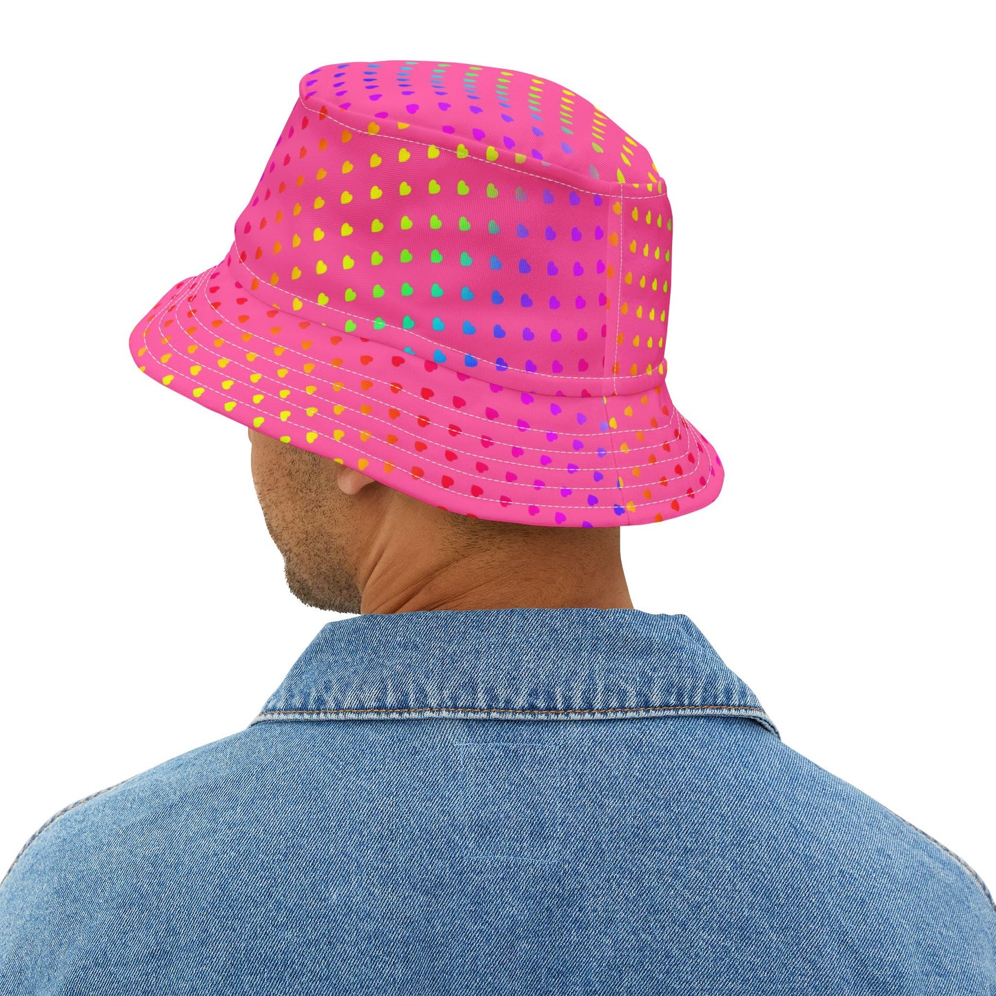 Pink Rainbow Heart Bucket Hat — Colorful Polka Dot Summer Sun Hat