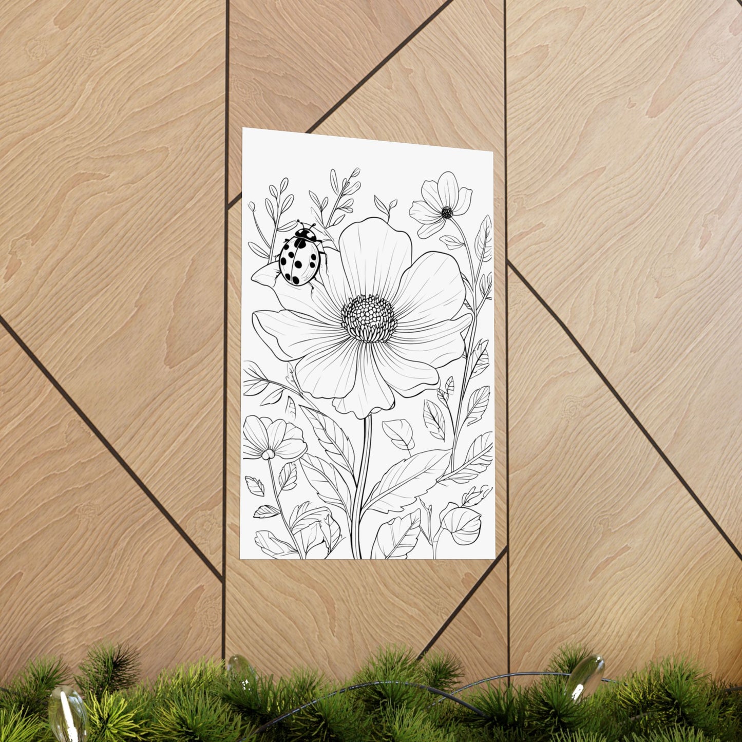 Botanical Ladybug Matte Poster — Floral Line Art Vertical Wall Print