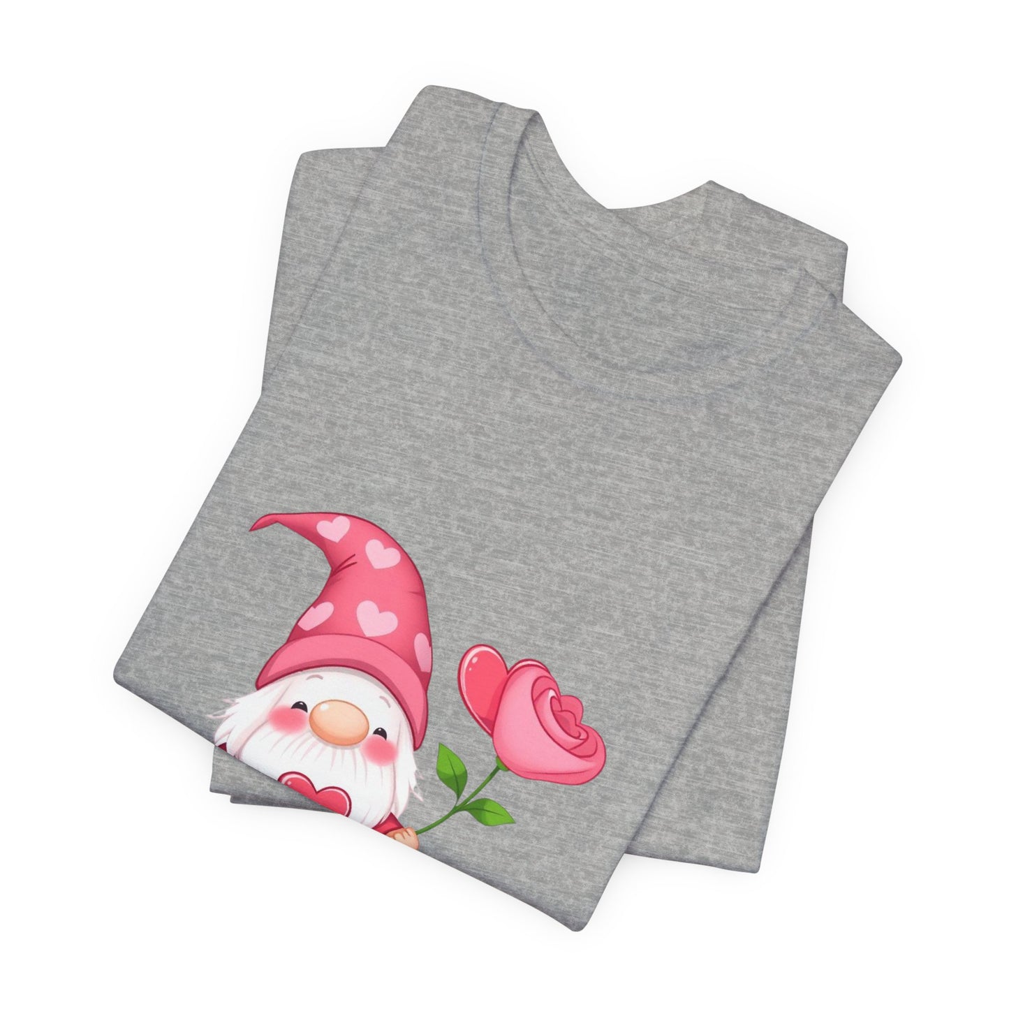 Valentine Gnome T‑Shirt — Cute Pink Gnome Holding Rose Tee