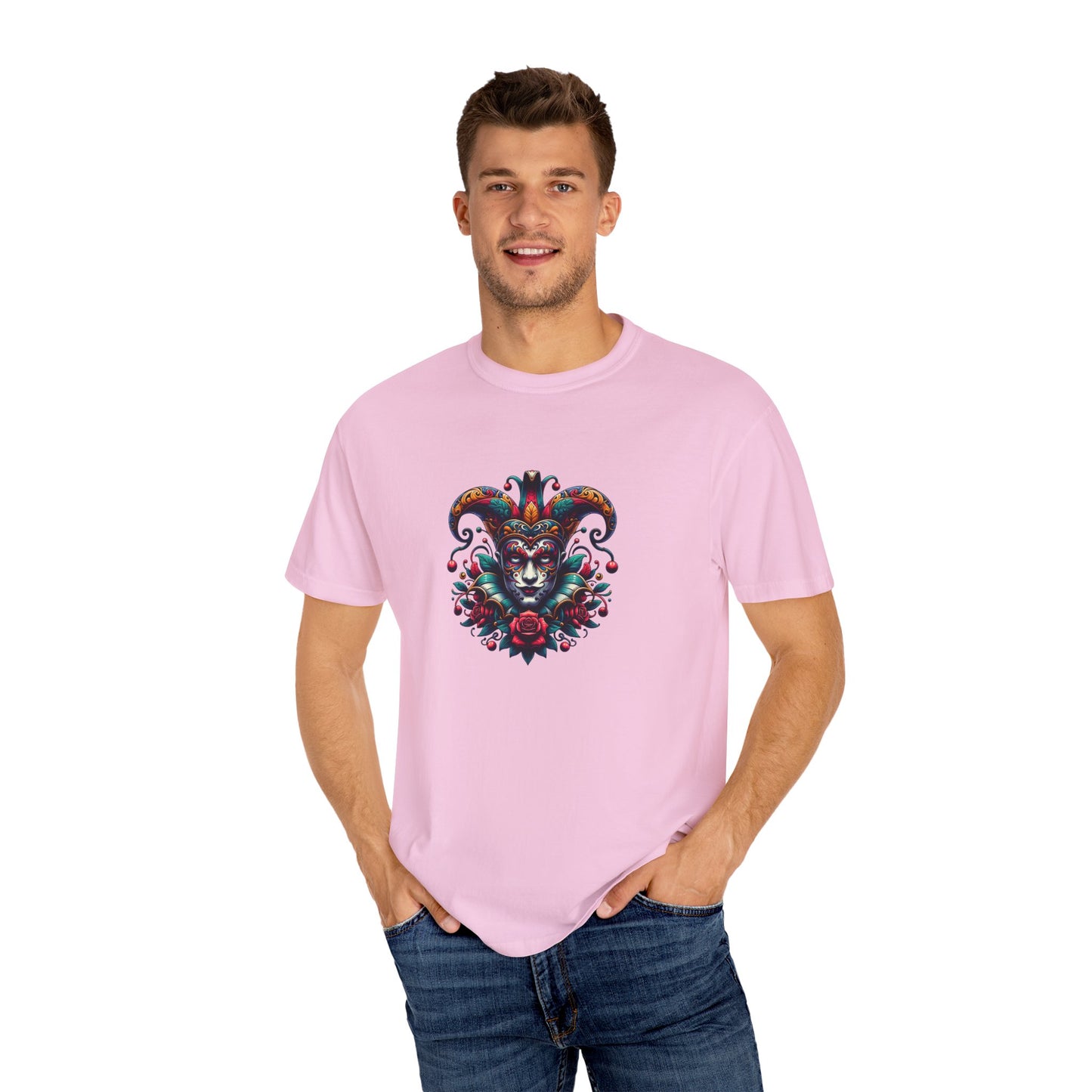 Vibrant Graphic Unisex T-Shirt with Floral Mask Design